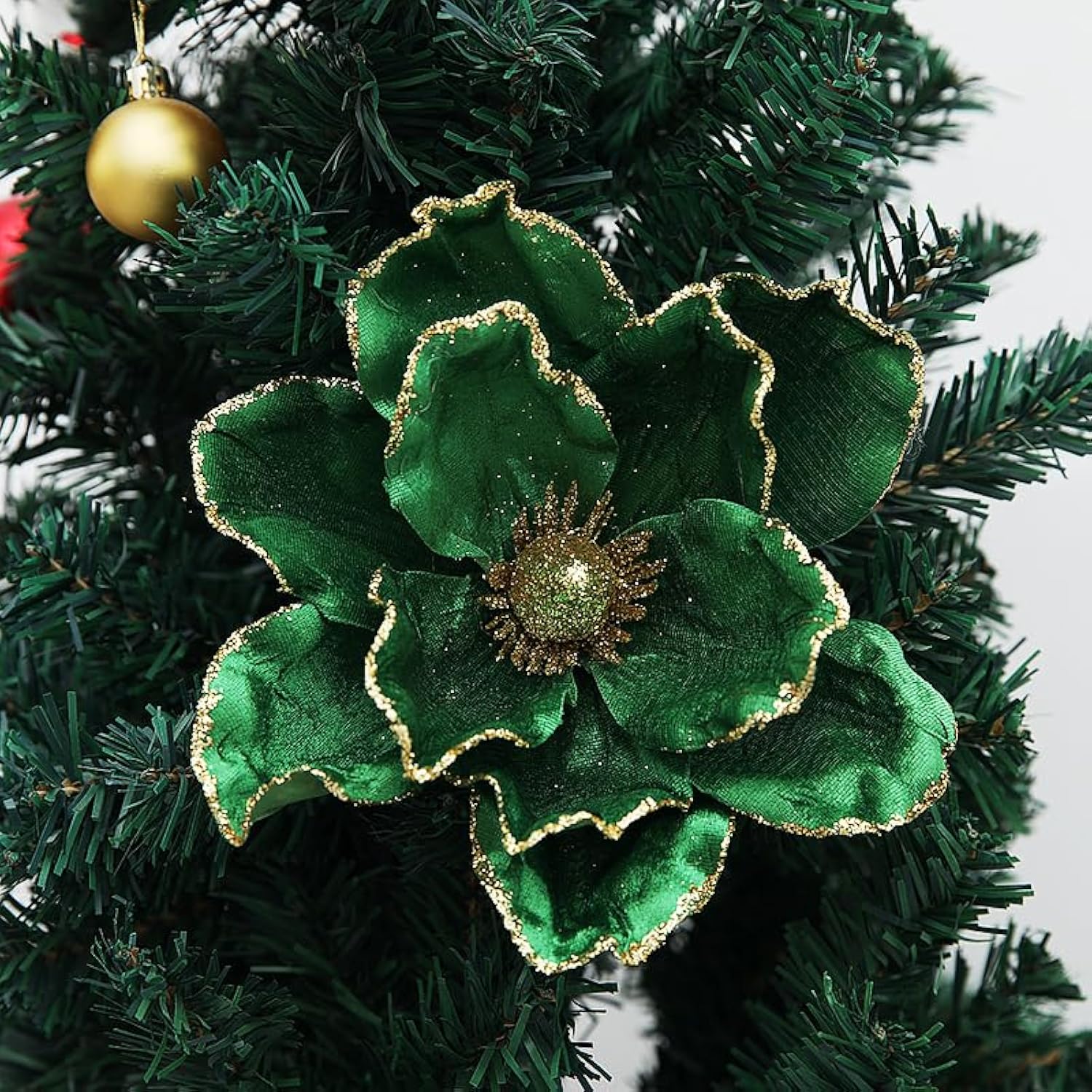 6Pack Christmas Party Magnolia Flowers For Tree Glitter Christmas Green Magnolia Flowers With Stems Christmas Tree Floral Ornaments Artificial Poinsettia Flowers For Xmas Tree Holiday Home Decorations