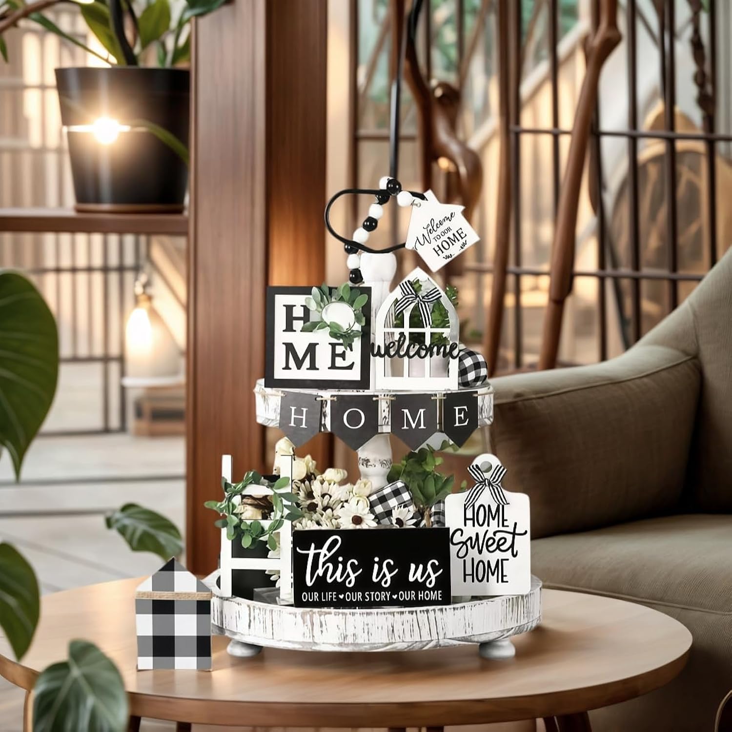 Tiered Tray Decor Set For Rustic Home Country Kitchen Dining Room Living Room Table Decorations Farmhouse Modern White And Black Tray Decorative With Wooden Beads And Board (No Tray)