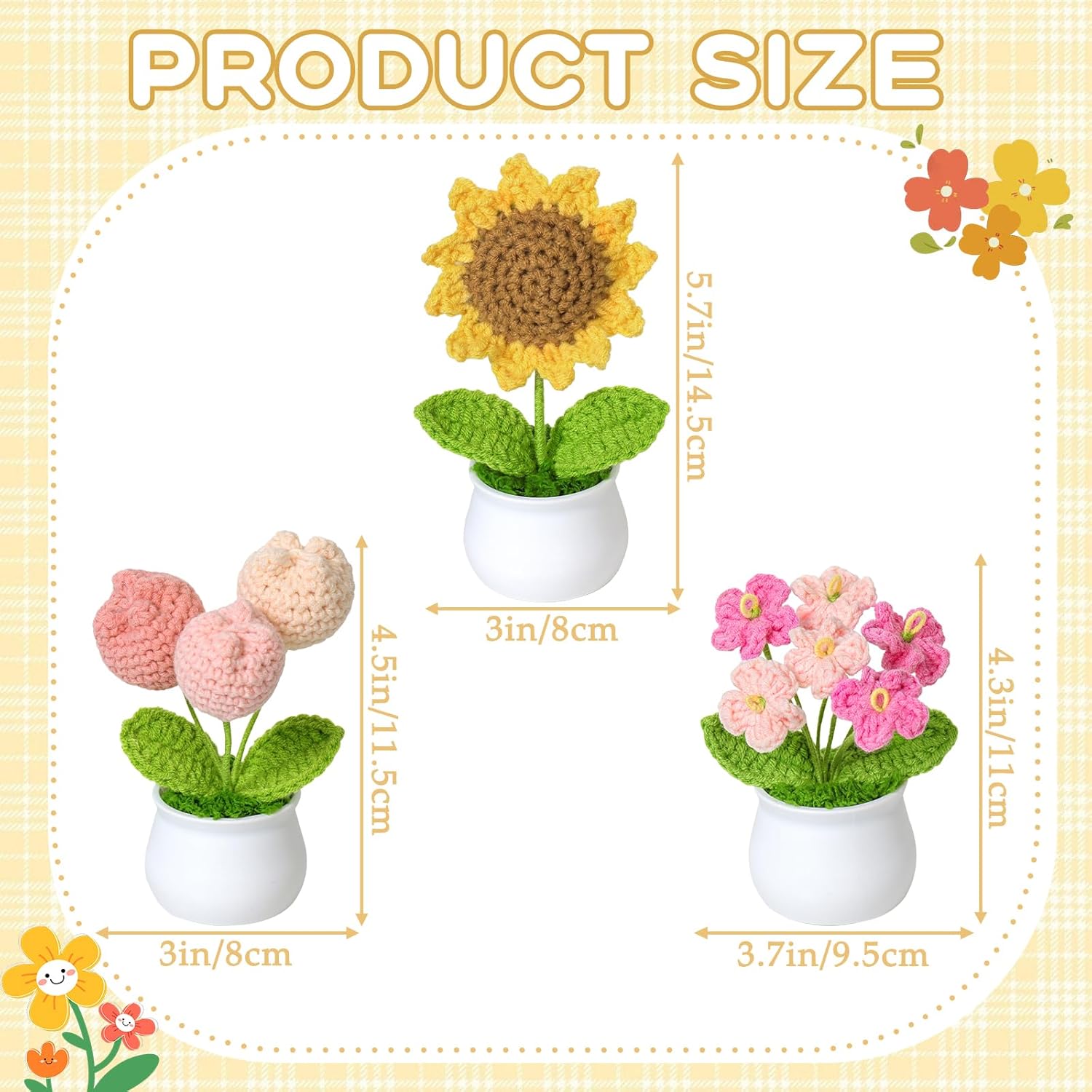 Crochet Flower Cute Potted Plants Fake Knitted Sunflower Tulips Mini Flowers Pot For Desk Office Car Dashboard Window Home Decor, Gift For Teachers Mother Day Valentines Anniversary Birthday
