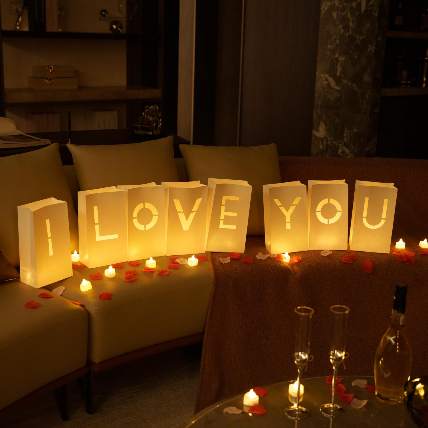 I Love You Light Up Letters Signs, Romantic Proposal Anniversary Valentines' Day Decorations With Luminary Paper Bags, 30 Led Tea Light Candles, Red Heart Balloons, Artificial Rose Petals