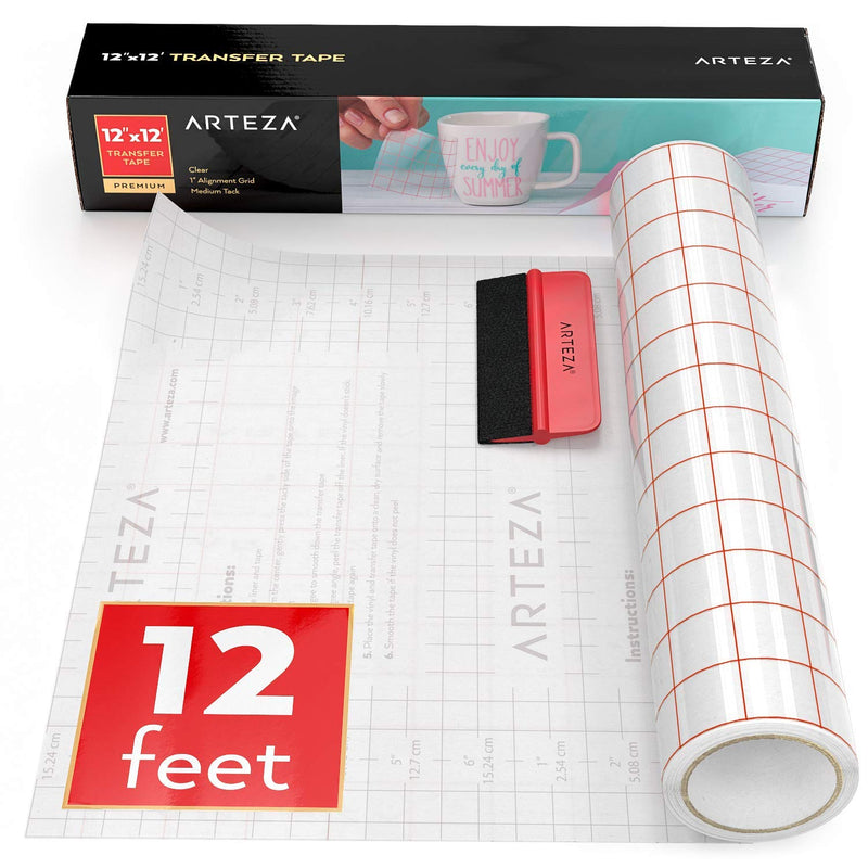 Ultra Clear Transfer Tape Paper With Grid & Squeegee, 12 Inch Wide X 12 Foot L