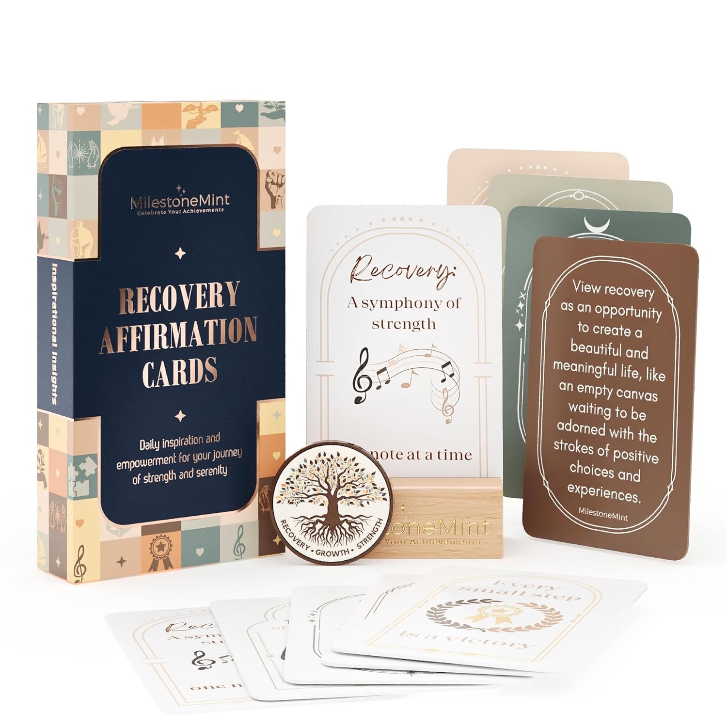 Daily Affirmation Cards, 50 Positive Affirmation Cards Double Sided, Sobriety And Recovery Daily Mindset Prompts, Includes Sobriety Coin & Wooden Card Stand, Perfect Recovery Gift