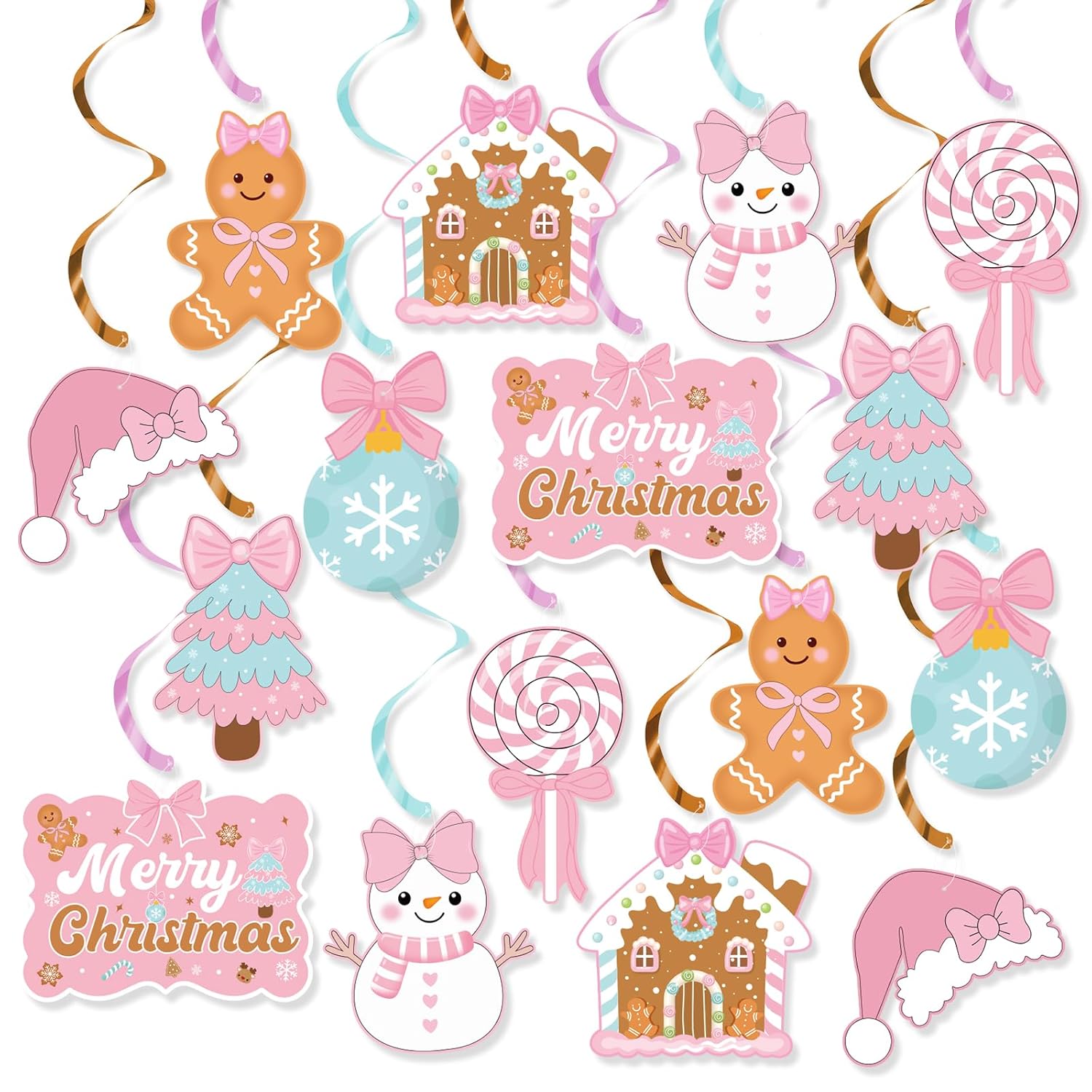 Pink Christmas Party Hanging Swirls Decorations, Pink Xmas Bow Merry Christmas Gingerbread Man Hanging Ornaments For Christmas Birthday Baby Shower Decor, Winter Holiday New Year Party