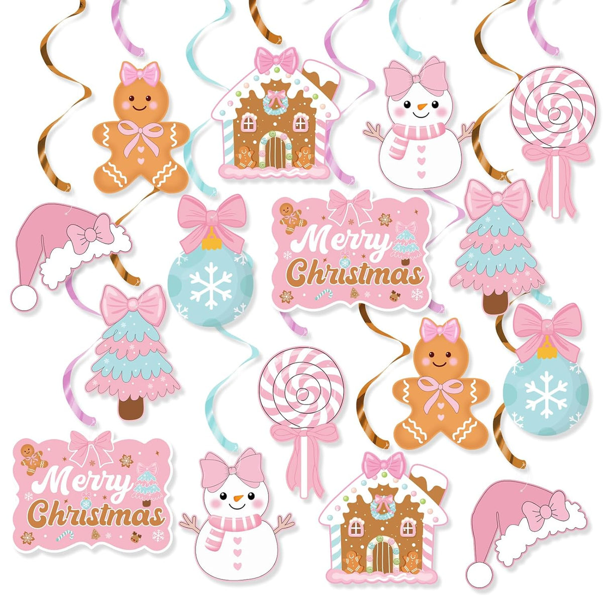 Pink Christmas Party Hanging Swirls Decorations, Pink Xmas Bow Merry Christmas Gingerbread Man Hanging Ornaments For Christmas Birthday Baby Shower Decor, Winter Holiday New Year Party