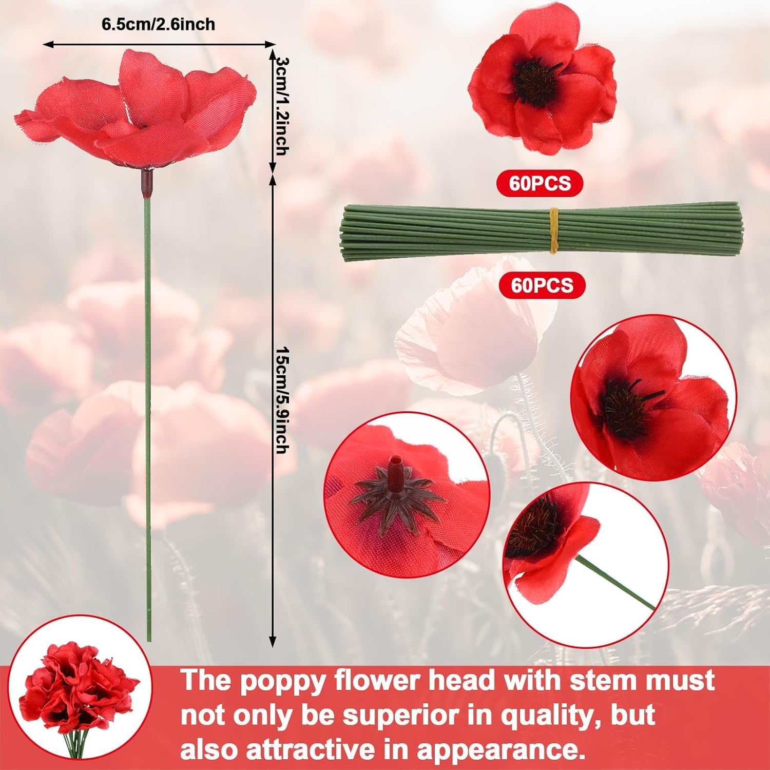 60 Set Red Poppy Artificial Flowers Fake Flowers Poppies Head With Flower Branch For Memorial Day Veterans Day Bouquet Wedding Party Corsages Home Kitchen Decoration