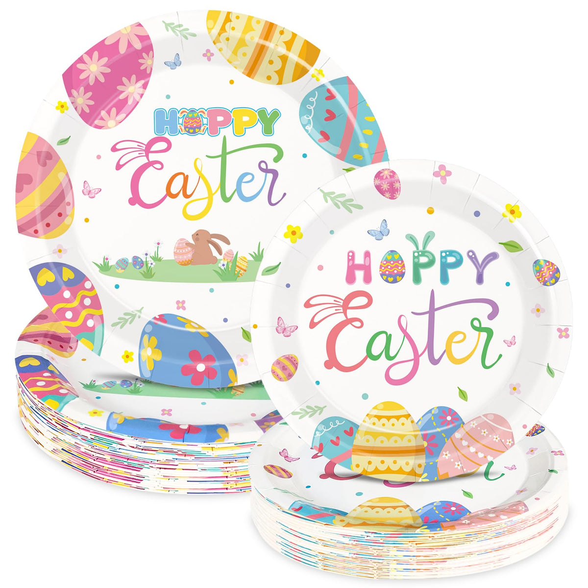 50 Pack Easter Paper Plates Set, Happy Easter Disposable Party Dessert Plates with Colorful Eggs & Bunny Design, Spring Holiday Tableware for Easter Party, Family Gathering & Egg Hunt (7'' + 9'')