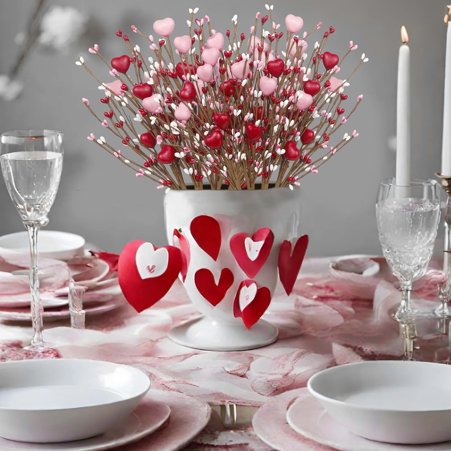 4 Pcs Valentines Day Decor Artificial Flowers Berry Stems Valentine’S Day Picks Artificial Berry Flower With Pink Red Hearts Valentine Floral Picks For Table Centerpiece Anniversary Wedding