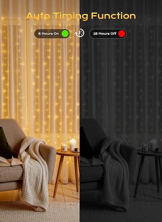 300 LED Curtain Lights 9.8FT Plug In Warm White Fairy Lights with 8 Modes for Bedroom Window Wall Wedding Party Christmas Decor