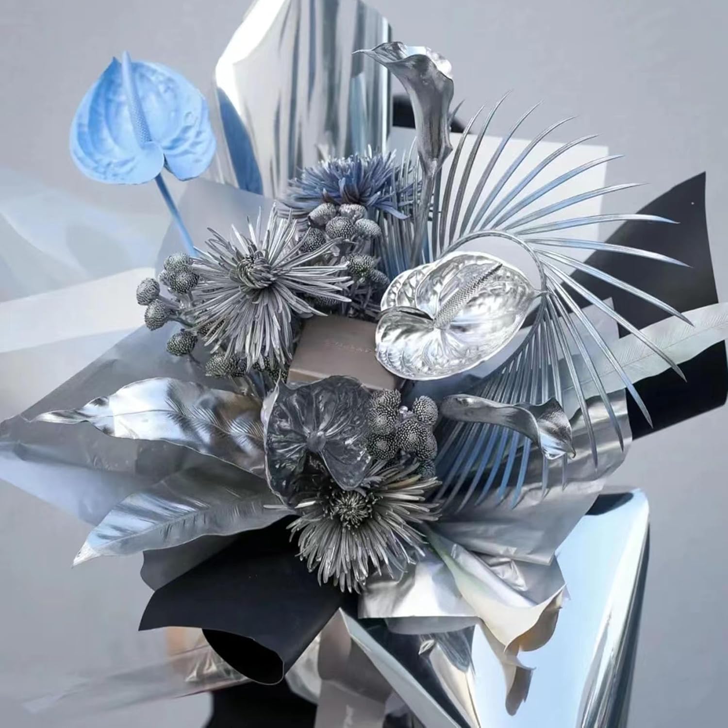 Silver Gift Wrapping Paper Waterproof Bouquet Wrap Mirror Film Korean Style Fresh Flowers Wrapping Paper Christmas, Holiday Diy Deco 22X360 Inches (Silver)
