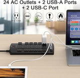 24 Outlet Power Strip 4 USB Ports 4100J Surge Protector 6FT Cord Black