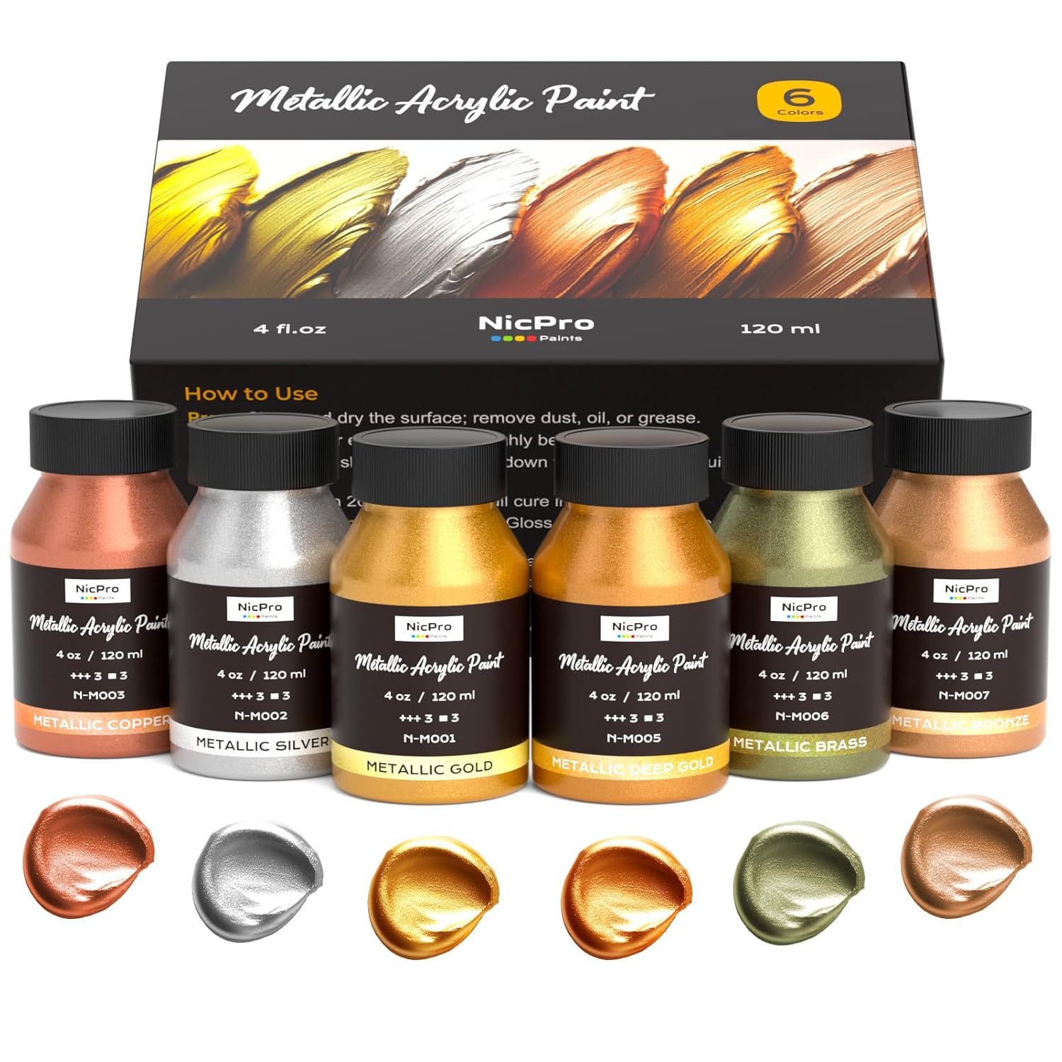 Acrylic Paint Metallic, 6 Colors Gold, Silver, Copper, Brass, Bronze, Deepgold, 24Oz/720Ml Gold Leaf Paint, Non Toxic, Non Fading Paints For Art Painting, Handcrafts, Ideal For Multi-Surface