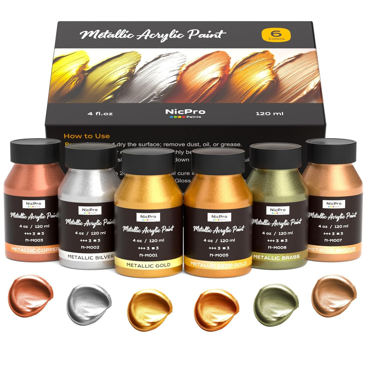 Acrylic Paint Metallic, 6 Colors Gold, Silver, Copper, Brass, Bronze, Deepgold, 24Oz/720Ml Gold Leaf Paint, Non Toxic, Non Fading Paints For Art Painting, Handcrafts, Ideal For Multi-Surface
