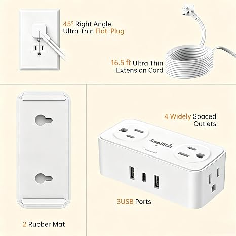 Flat Plug Power Strip 4 Outlets 3 USB Ports 1 USB C 16.5FT Extension Cord Travel Cruise Essentials White