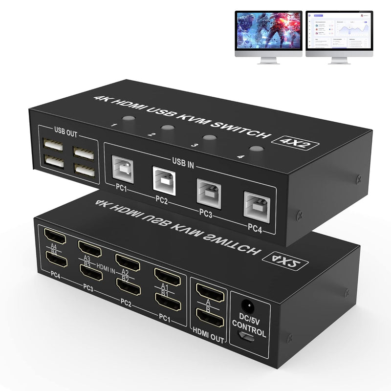 4 Port Hdmi Kvm Switch Dual Monitor - 4K@60Hz Extended Display 2 Monitors 4 Co