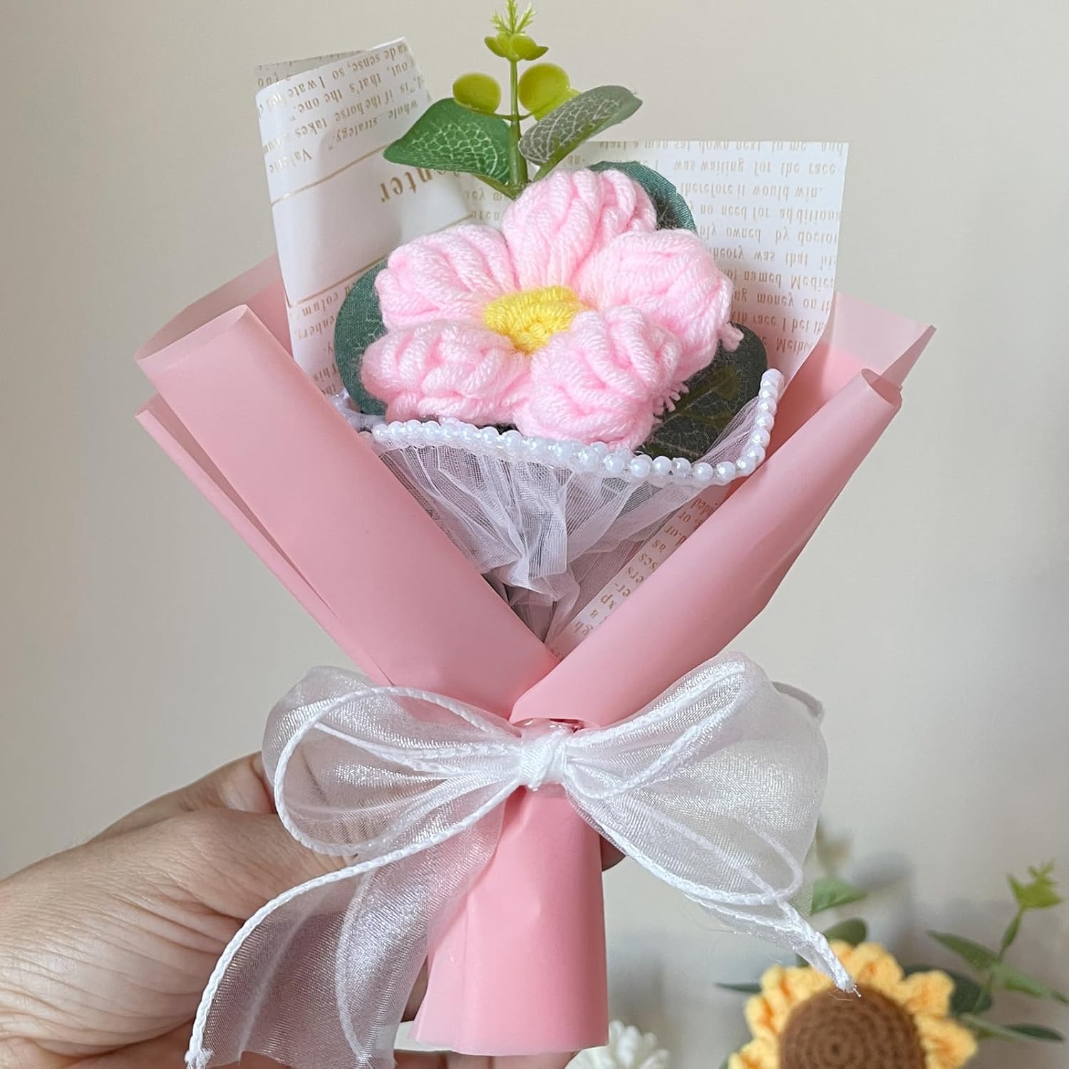 Crochet Flower Bouquet Handmade Knitted Bouquet Crochet Flowers Kit Knitted Fake Puff Flower, Gift For Mother Wife On Birthday Anniversary (Pink)