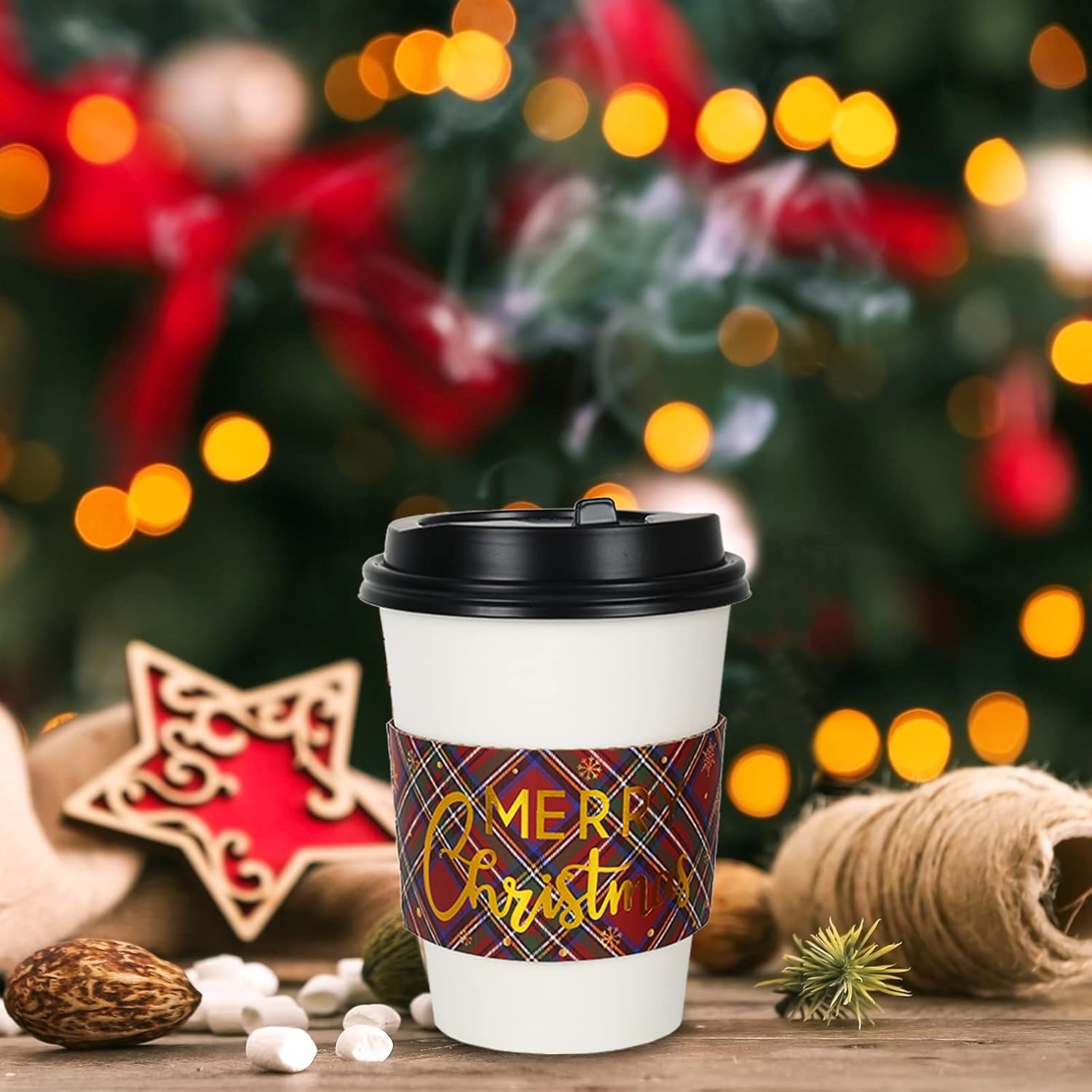 60Pcs Christmas Coffee Tea Cup Sleeves 10 Designs Buffalo Plaid Merry Christmas Jacket Sleeves For 12 And 16Oz Disposable Paper Cup For Xmas Hot Chocolate Cocoa Cold Beverage