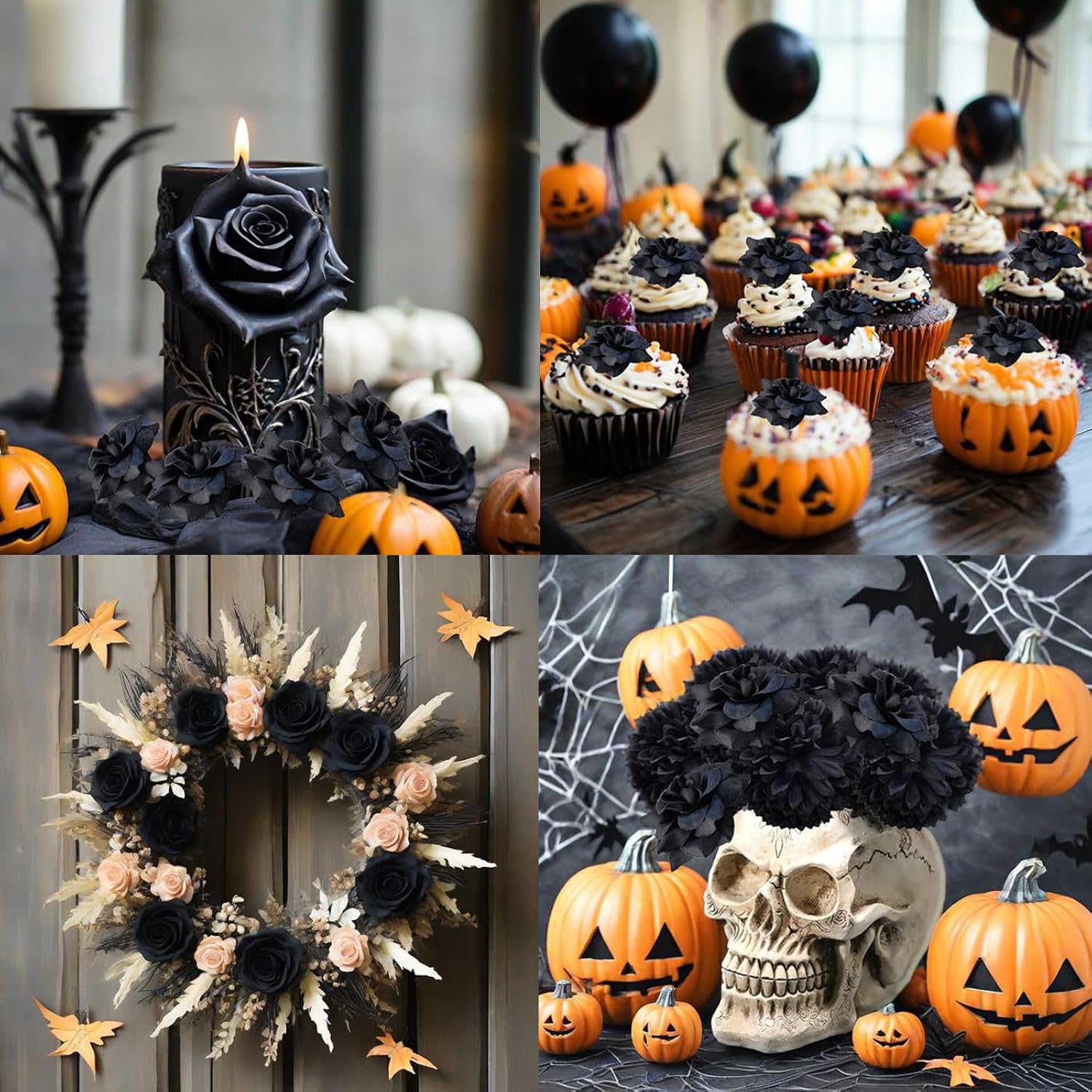 55Pcs Black Mini Roses Artificial Flowers Bulk, 1.77 Inch Small Silk Fake Roses Flower Heads For Decoration, Crafts, Wedding Halloween Party Home Decor