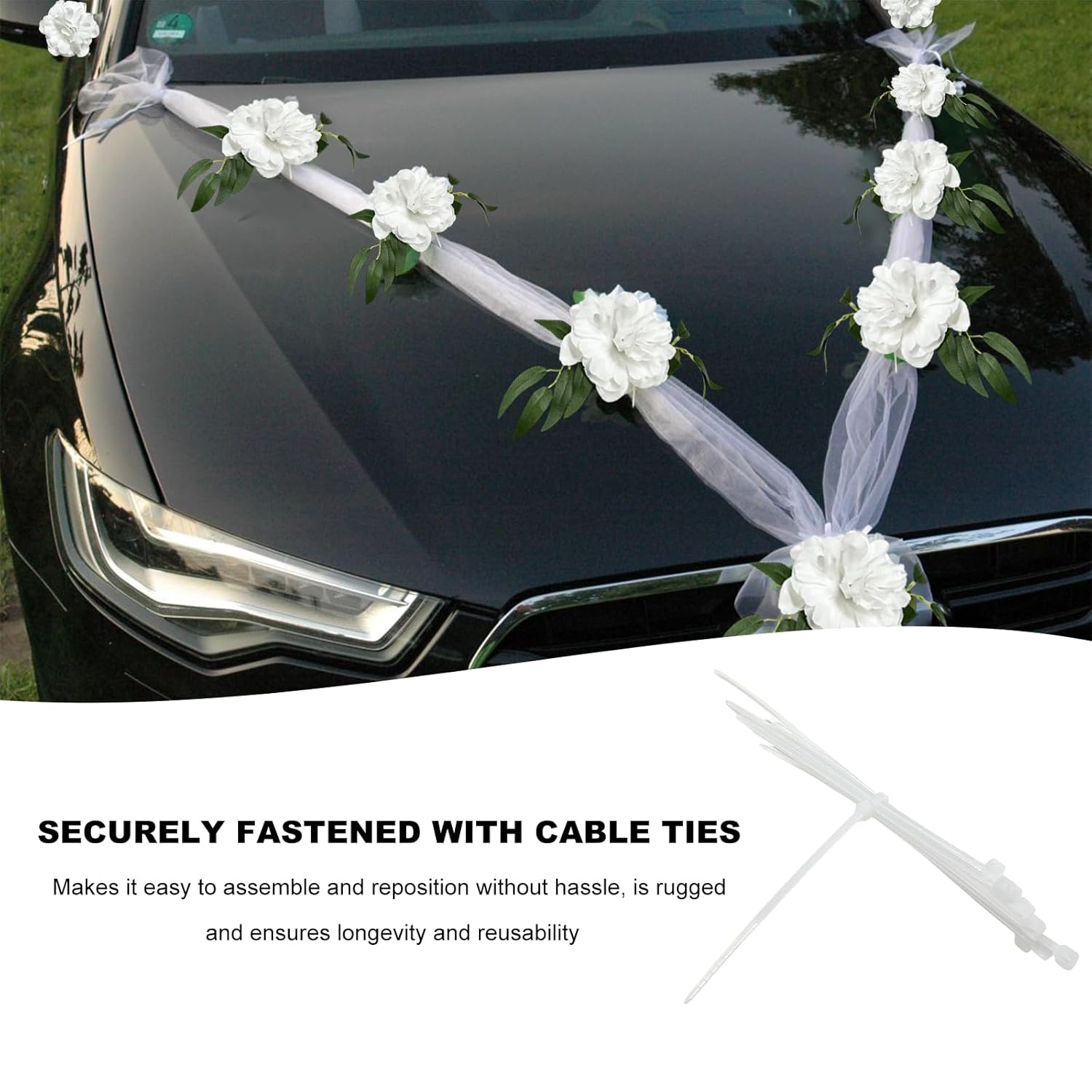 Wedding Car Decorations, Artificial Flowers Bouquet & Ribbon Set Car Front Wedding Decor, Floral Ribbon Set Bridal Cars Decoration For Rear View Mirror Engine Hood (White)