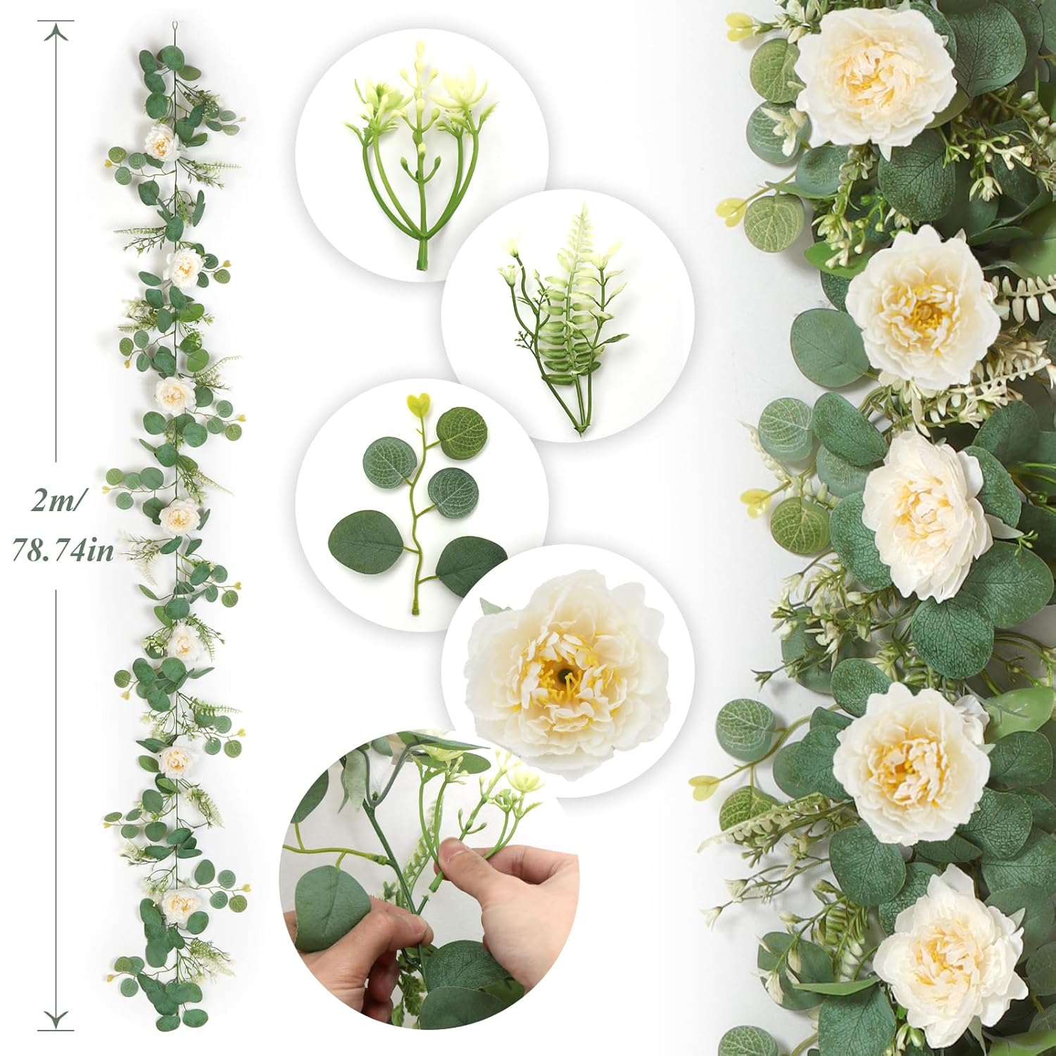2Pcs 6.56Ft Artificial Eucalyptus Garlands With Flowers, Faux Floral Greenery Garlands White Peony Flower Garland Fake Vines For Wedding Arch Table Runner Party Ceremony Backdrop Decor