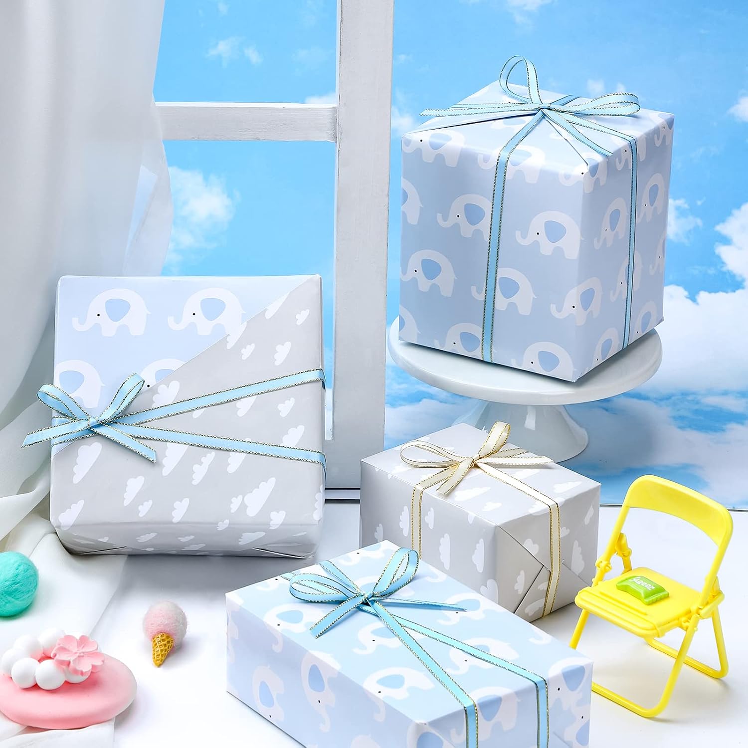 Reversible Blue Baby Shower Wrapping Paper Roll, Elephant In Blue & Cloud In Gray For Baby Shower, Baby Boy'S 1St Birthday, Newborn Party, Mini Roll, 17 Inches X 32.8 Feet