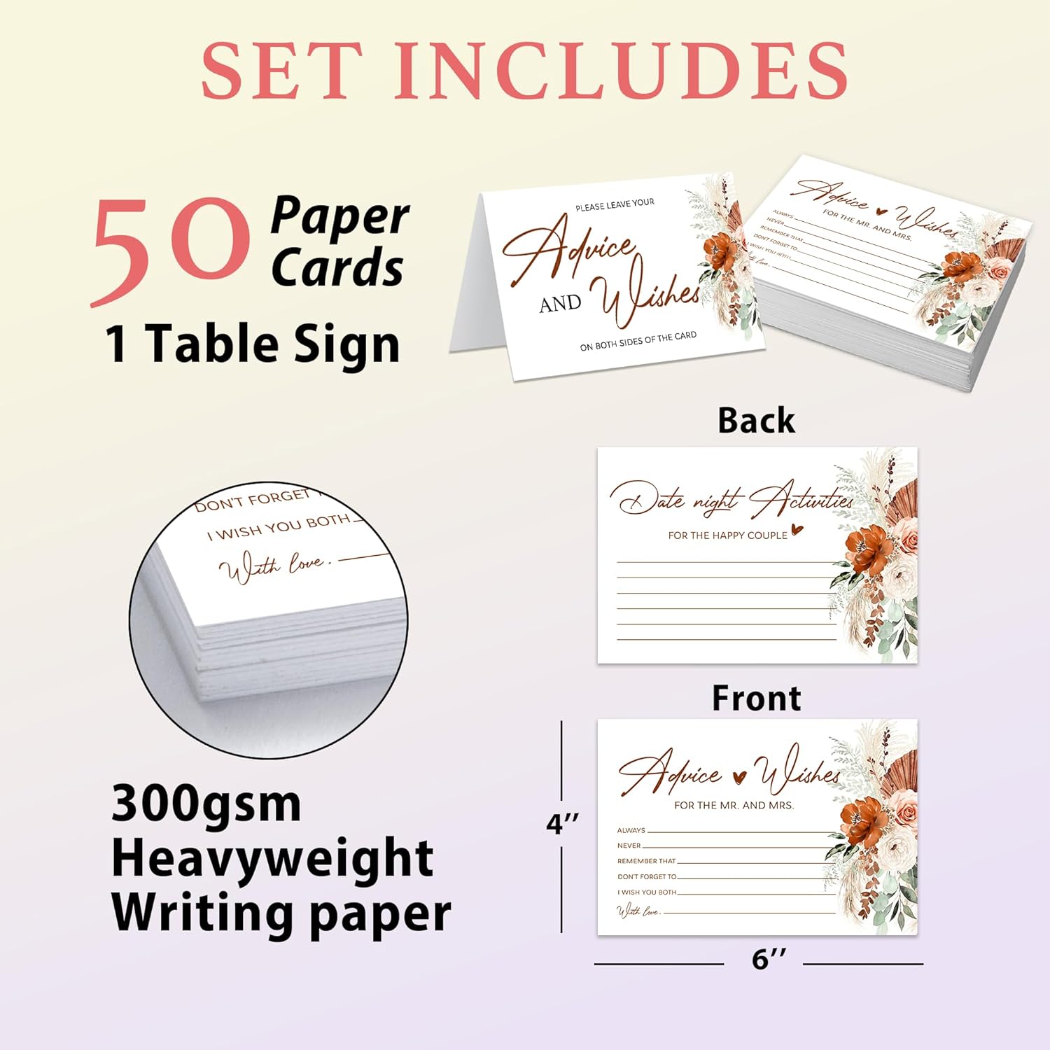 Boho Advice And Wishes For The Mr And Mrs - 50 Packs Wedding Advice Cards Bridal Shower Game Cards Reception Guest Book For Bride Groom Newlywed Engagement Party Decoration -A08