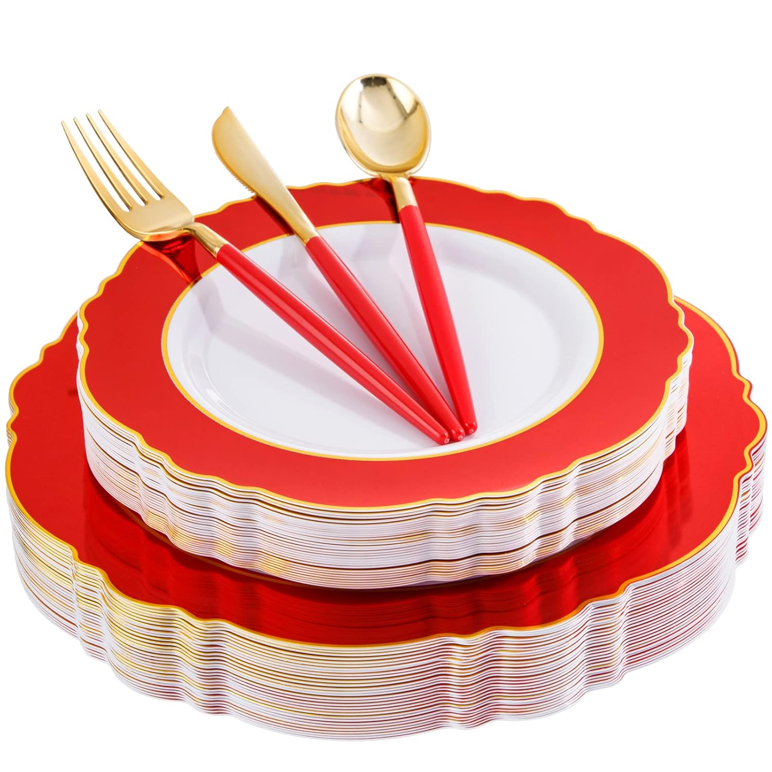 30Guest Red 4Th Of July Plates - Gold Plastic Silverware With Red Handle - Christmas Plates Disposable- Baroque Plastic Dinnerware For 4Th Of July