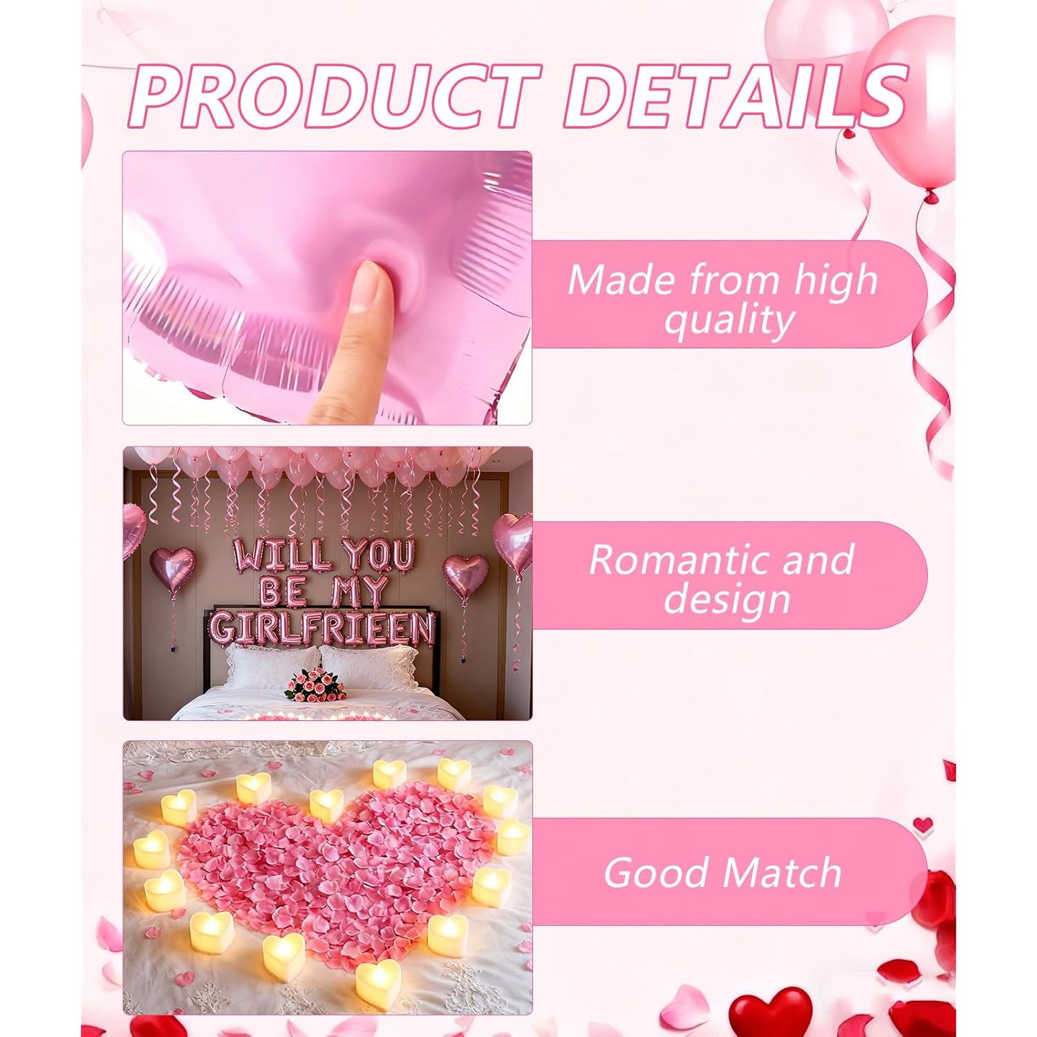 Pink Romantic Decor Kit - Heart Balloons, Rose Petals & Candle Set For Proposals, Anniversary, Valentines Day (30 Balloons + 1000 Petals + 24 Candles)
