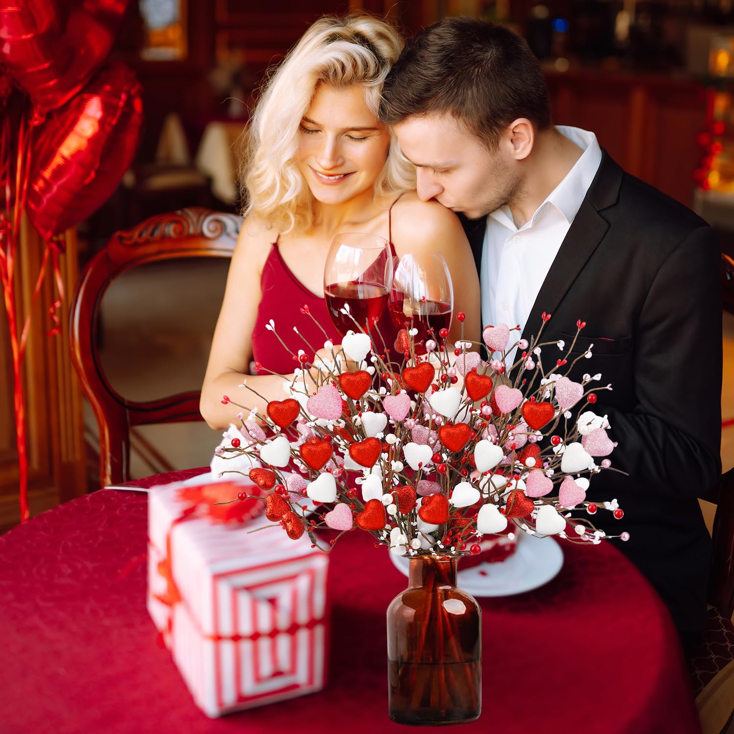 12 Pcs Valentine'S Day Decorations Valentines Picks Artificial Flowers Glitter Berry Flower Stems With Red Pink White Heart Picks Gifts For Wedding Candlelight Dinner