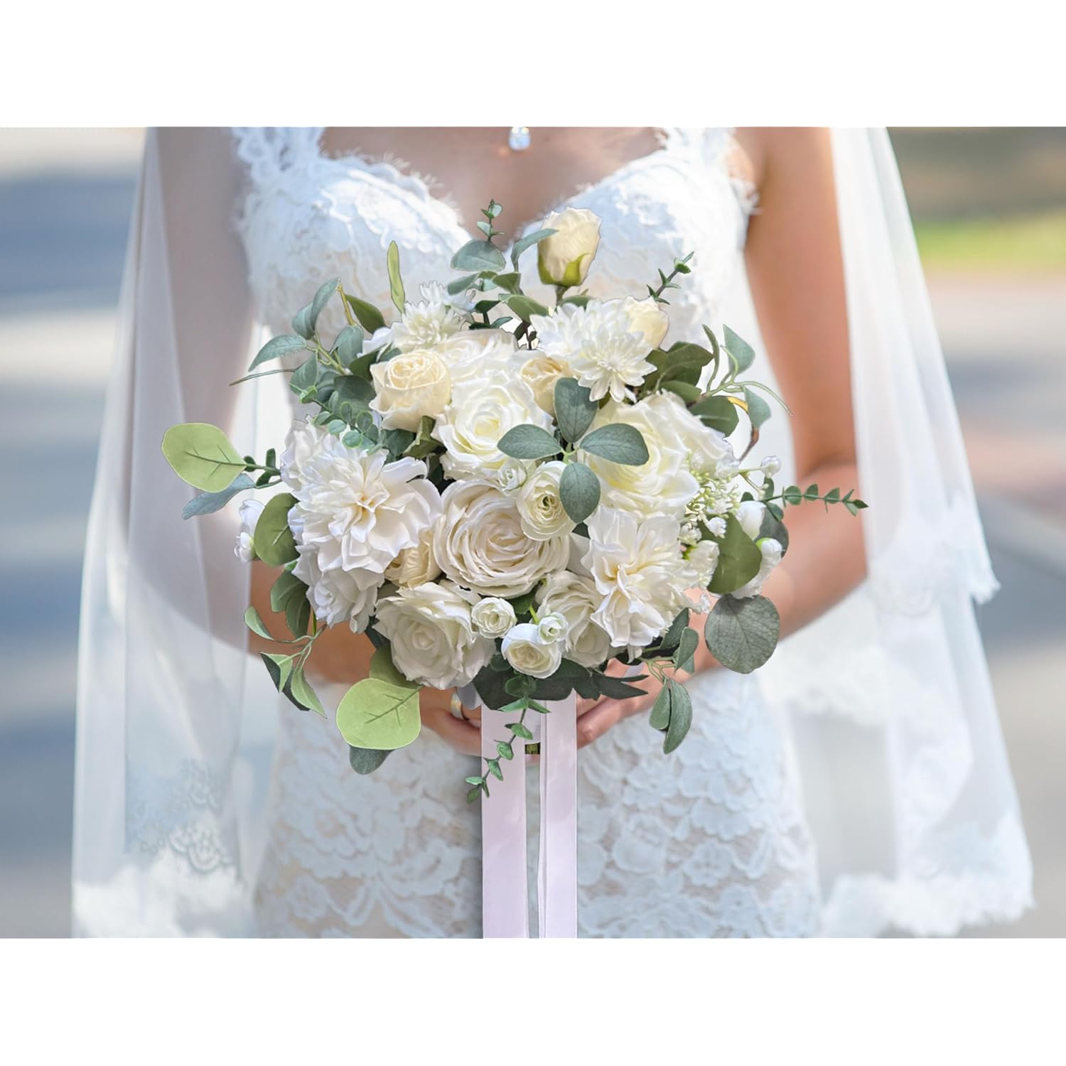 White Bridal Wedding Bouquet, Artificial Flowers Bridal Cascading Bouquets For Boho Rustic Wedding And Wedding Ceremony, Anniversary