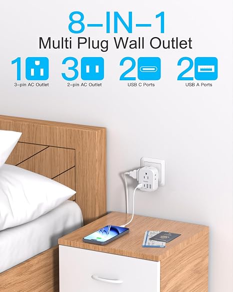 Cruise Travel Power Strip 4 Outlets 4 USB Ports 2 USB C Wall Outlet Extender White