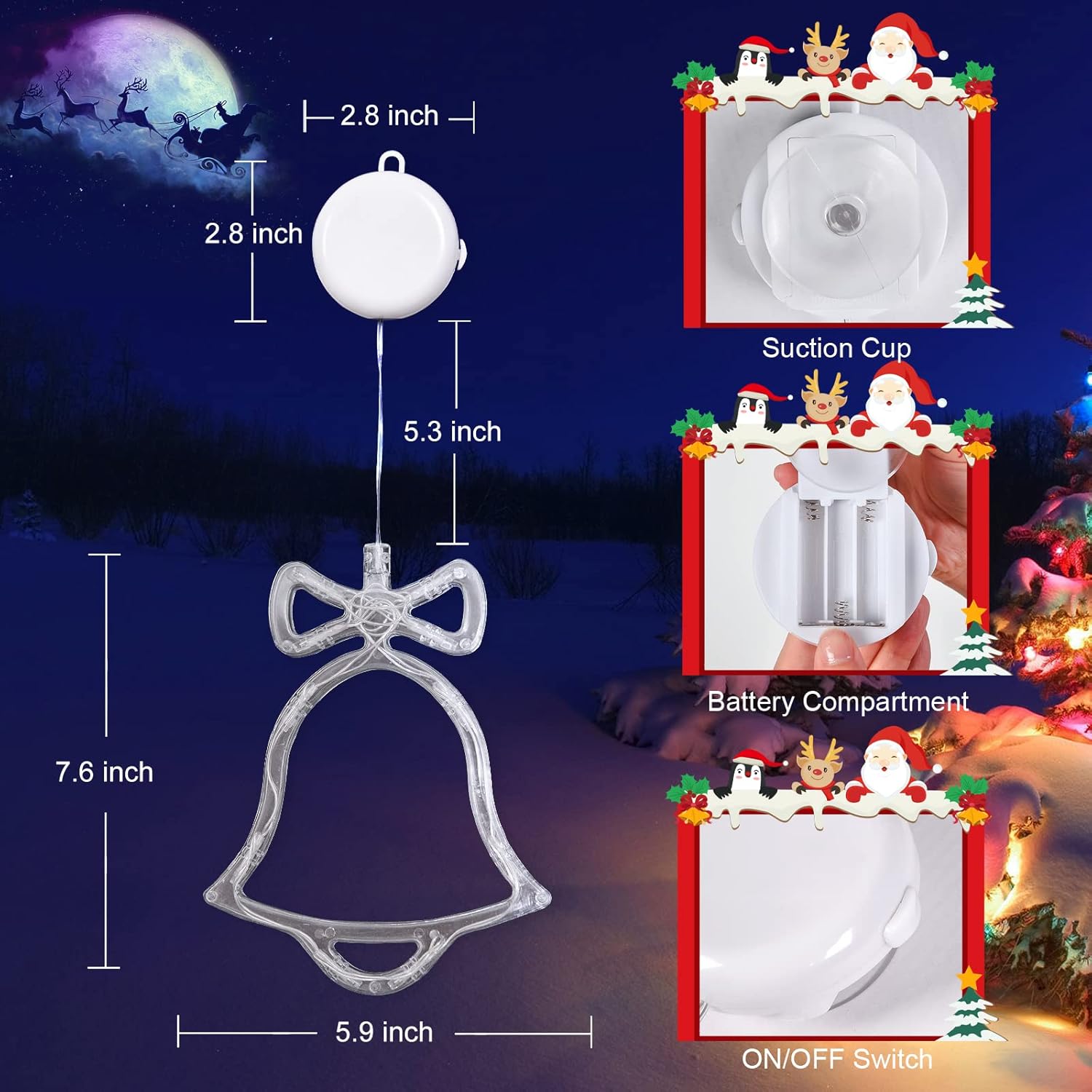 Christmas Window Decorations,3 Pack Jingling Bell,Christmas Tree,Snowflake Christmas Window Lights With Suction Cup, Tim