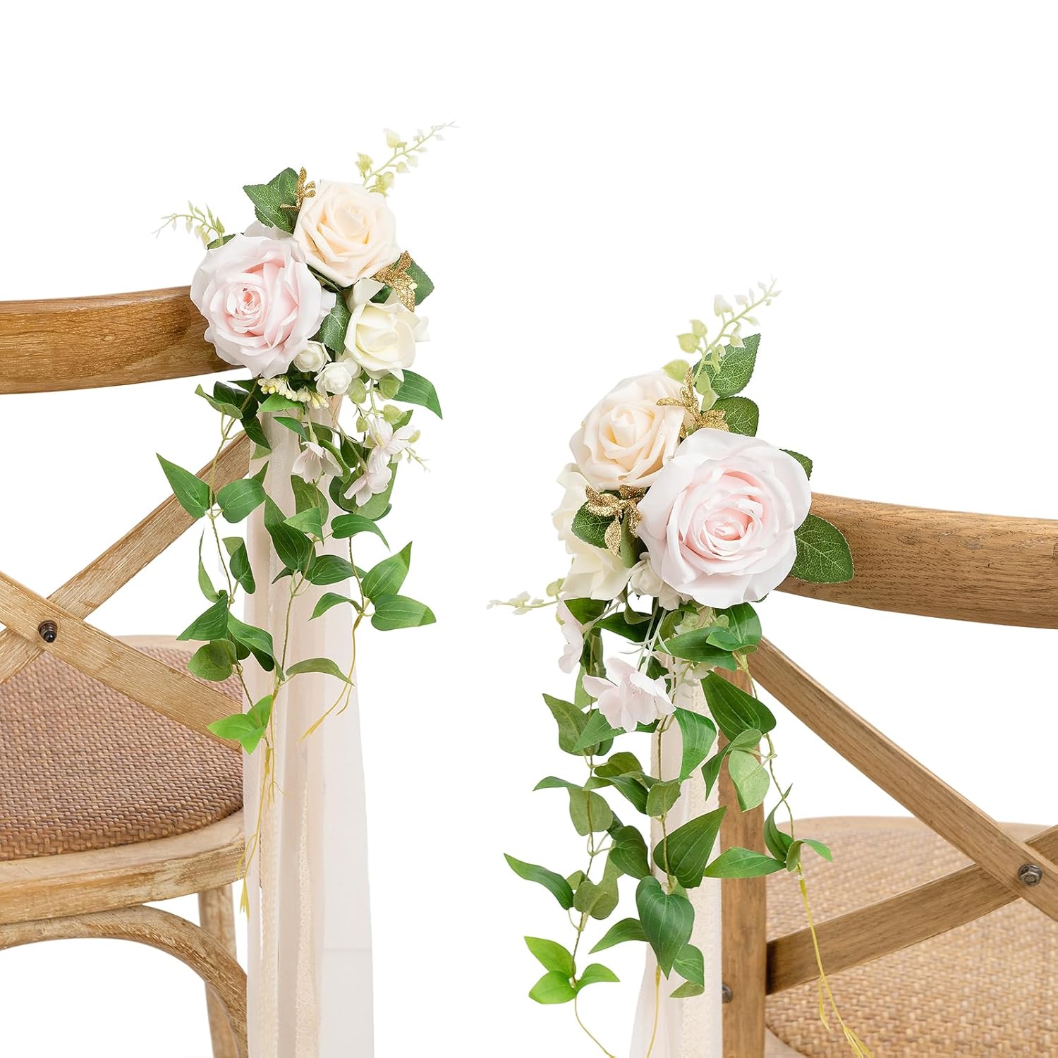 8Pcs Wedding Artificial Aisle Pew Flowers Chair Decorations Arrangements With Chiffon Ribbons Blush Pink Cream For Ceremony Chair Back Floral Decor Reception Church Party Outdoor