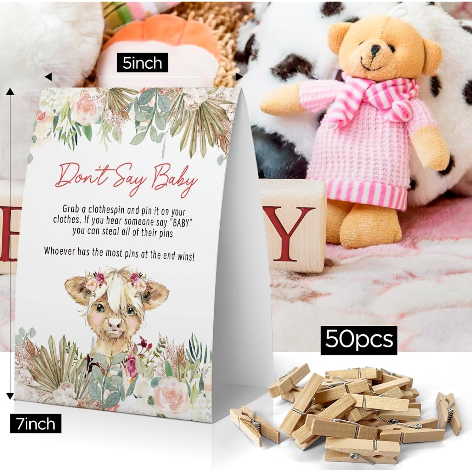 Don'T Say Baby Baby Shower Game, Girl Country Baby Shower Decoration, Highland Cow Don'T Say Baby Sign, Fun Baby Shower Games, Clothespins For Baby Shower-Dsba15
