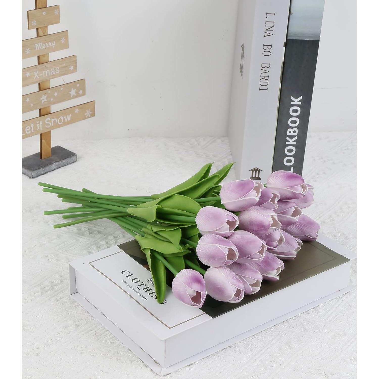 Real Touch Purple Tulips 24Pcs Artificial Flowers For Decoraion Fake Tulips Light Purple Flowers Floral Arrangements Artificial Faux Tulip Decor For Table Home Kitchen Decor (Light Purple)