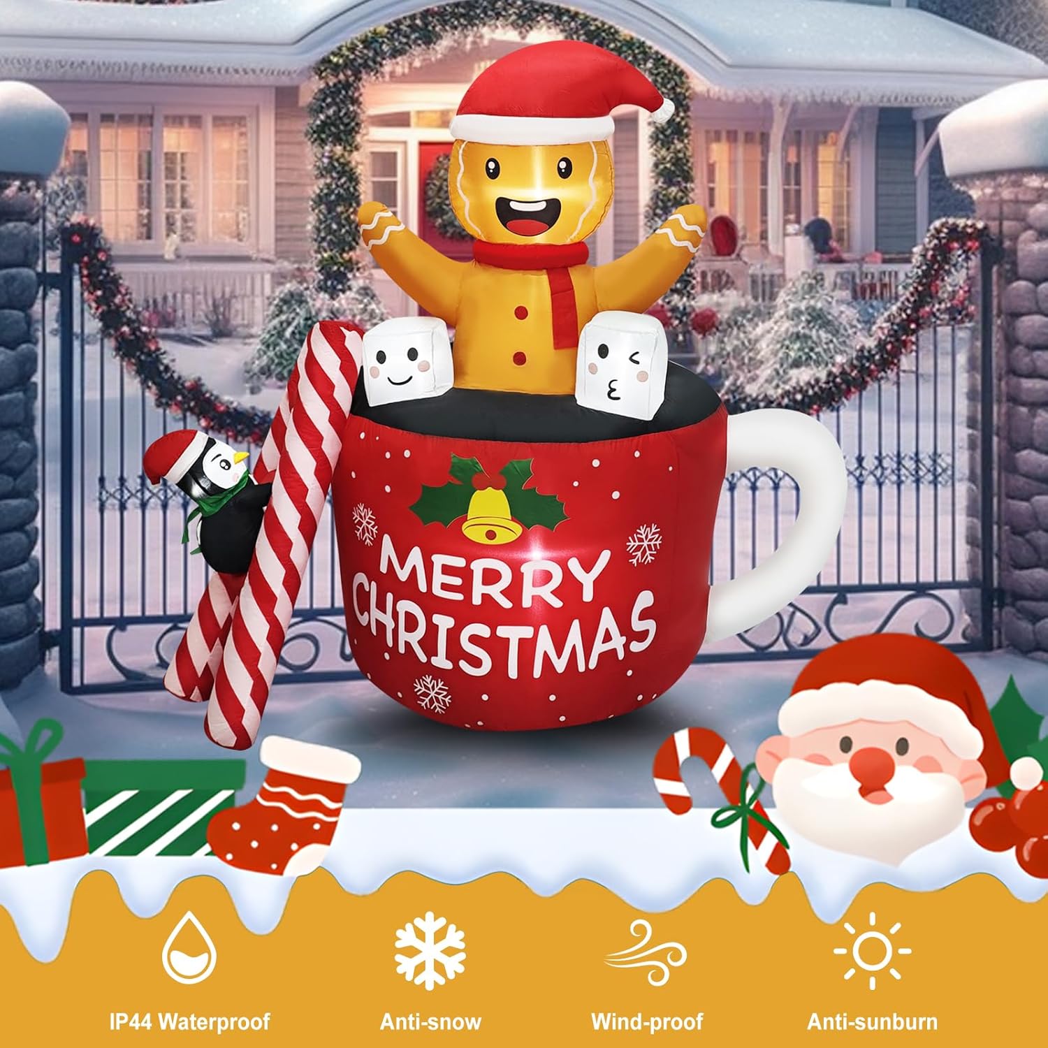 6Ft Christmas Inflatables Outdoor Decorations, Navidad Blow Up Gingerbread Swiming In Hot Cocoa Mug Scene With Penguin B