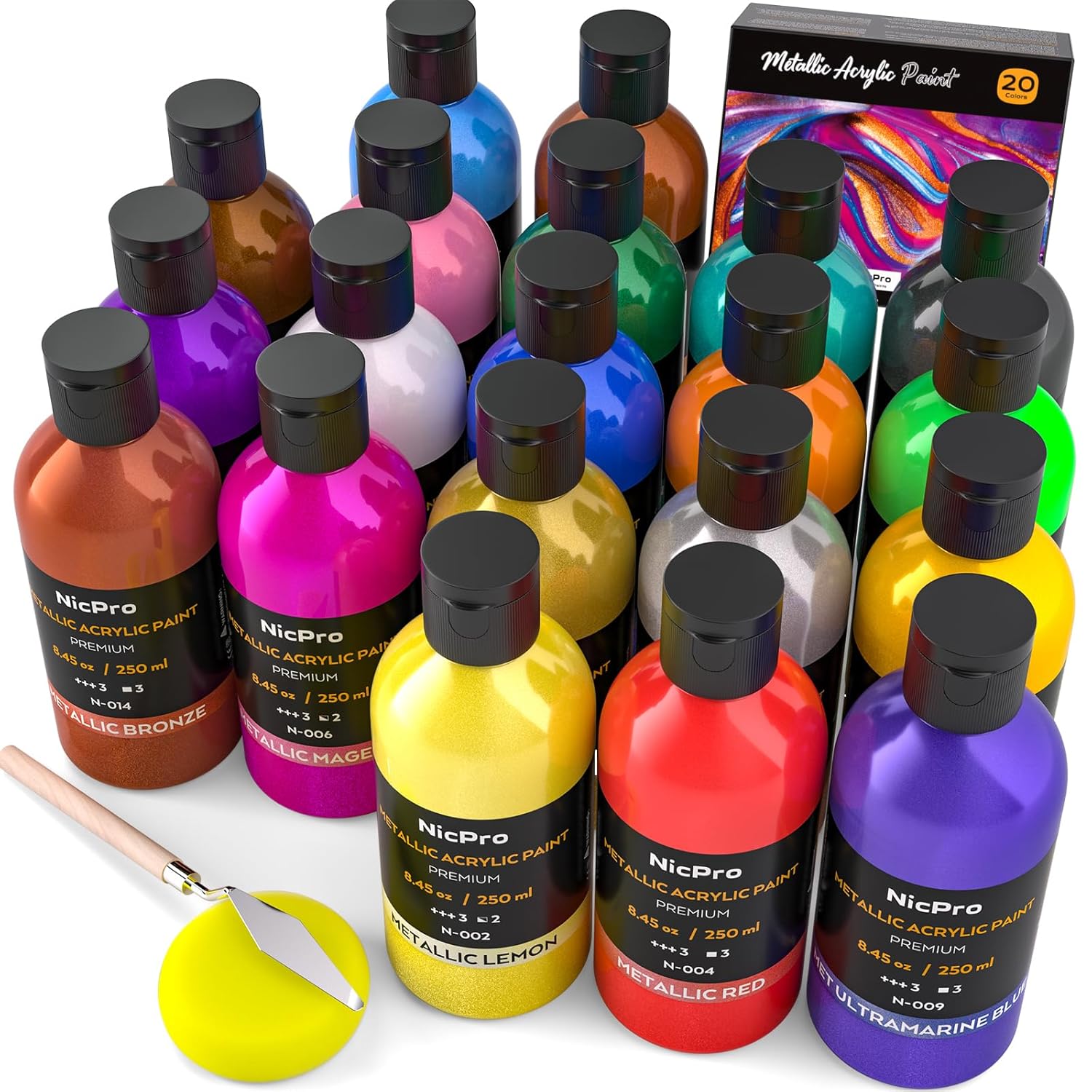 Metallic Acrylic Paint Set (8.45 Oz, 250 Ml), 20 Colors Large Acrylic Paint Bulk, Non Toxic Art Painting Supplies For Multi Surface Canvas Rock Wood Leather Stone Metal Craft With Color Wheel