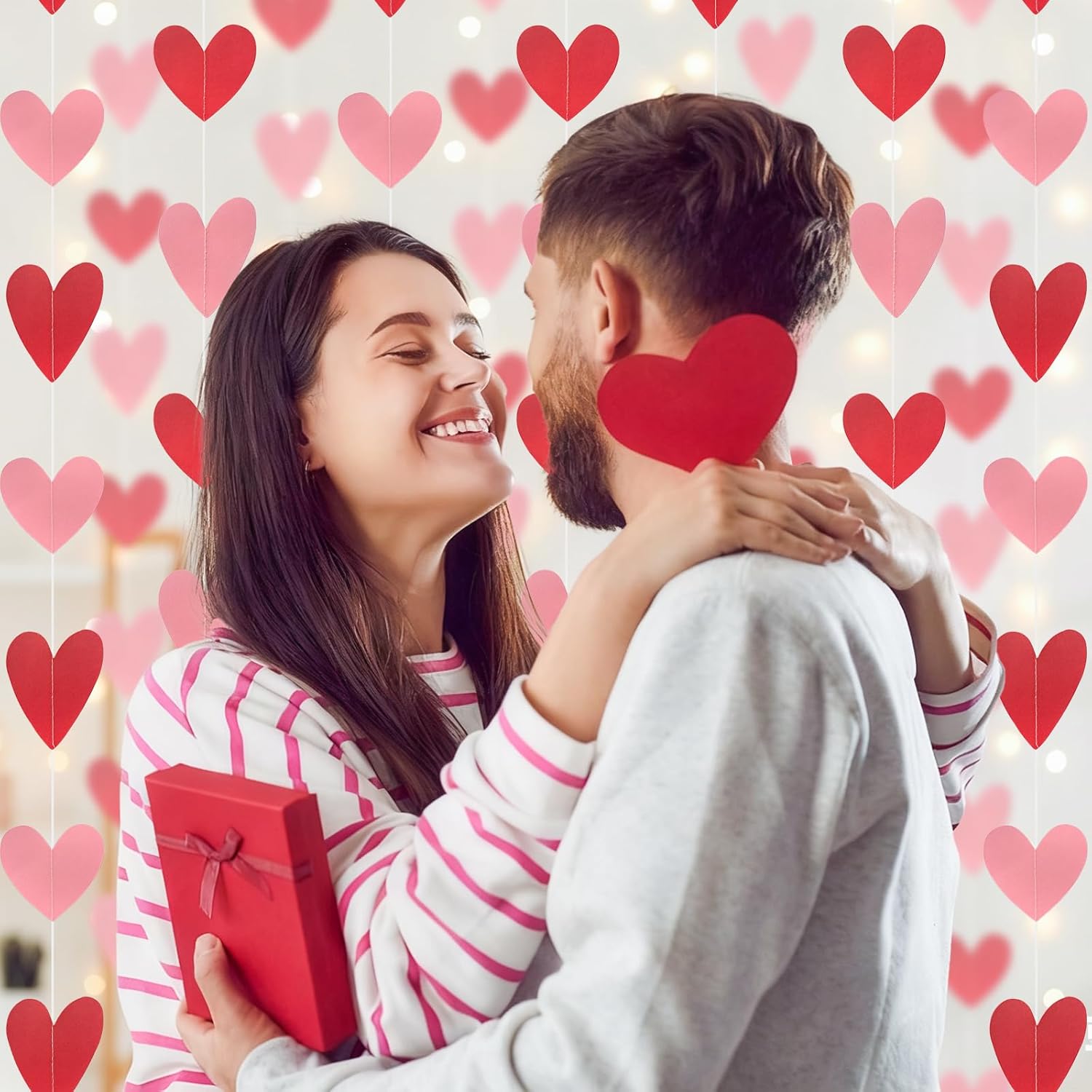 80 Red Pink Heart Garland - Valentines Love Heart Hanging Garlands, Heart Streamers Hanging For Galentines Valentine'S Day Decorations (No Diy)