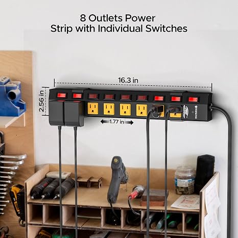 8 Outlet Metal Power Strip with Individual Switches 1200J 6FT Wide Spacing