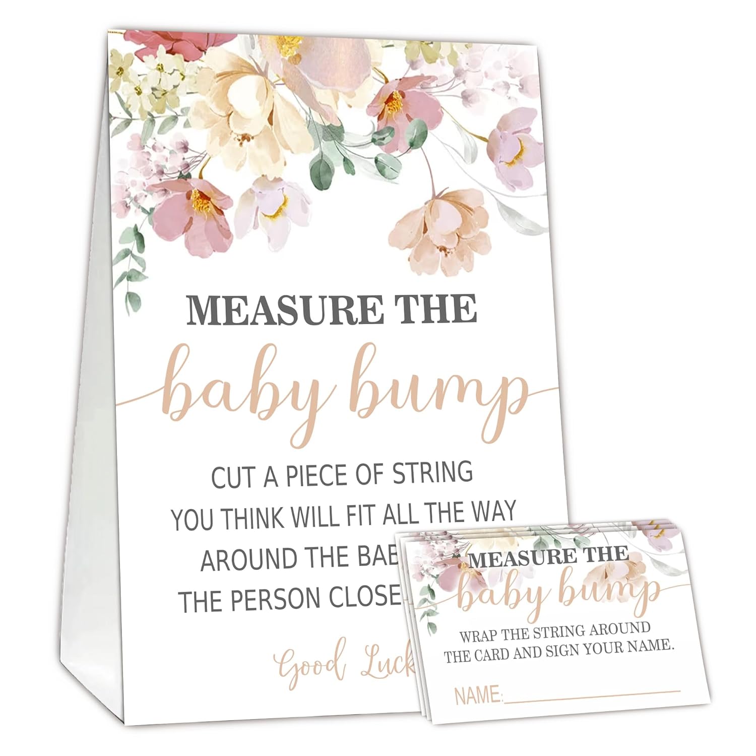 Baby Shower Games Measure The Baby Bump Game, Floral Theme, How Big Is Mommy'S Belly Party Supplies. 1 Sign And 50 Guessing Cards.