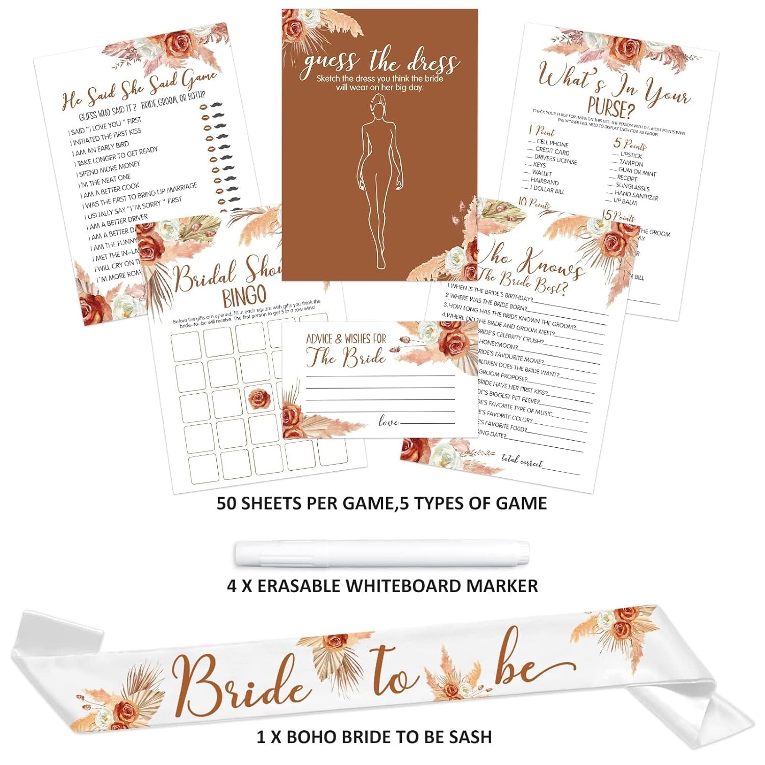 300 Pcs Boho Bridal Shower Games Cards - Set Of 6 (50 Guests) With Tropical Bohemian Bride To Be Sash 4 Pcs Marker Pens Suitable For Pampas Grass Bridal Shower, Terracotta Bachelorette Party