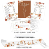 300 Pcs Boho Bridal Shower Games Cards - Set Of 6 (50 Guests) With Tropical Bohemian Bride To Be Sash 4 Pcs Marker Pens Suitable For Pampas Grass Bridal Shower, Terracotta Bachelorette Party