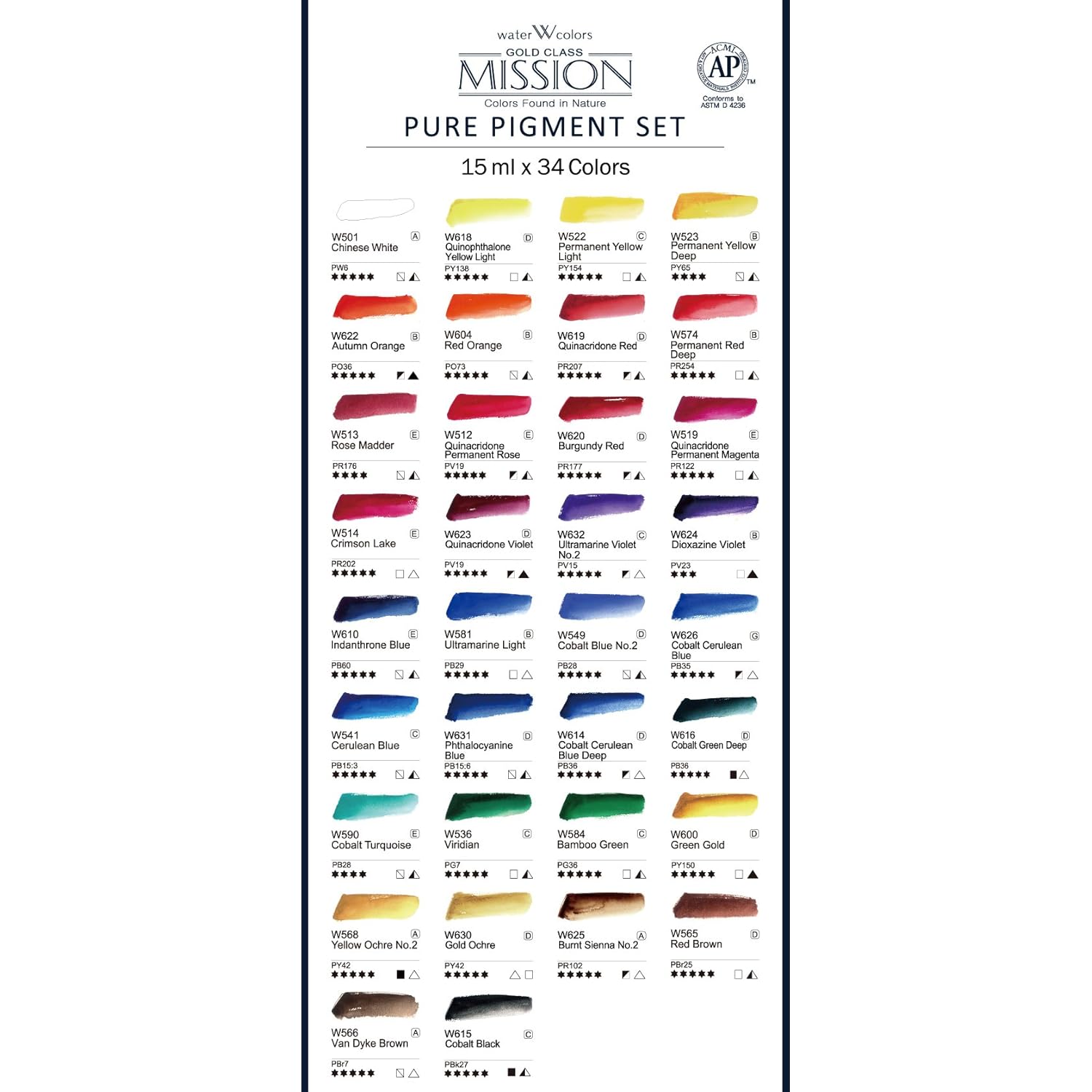 Mission Gold Class Pure Pigment Water Color Mwc-1534P, 15Ml 34 Colors