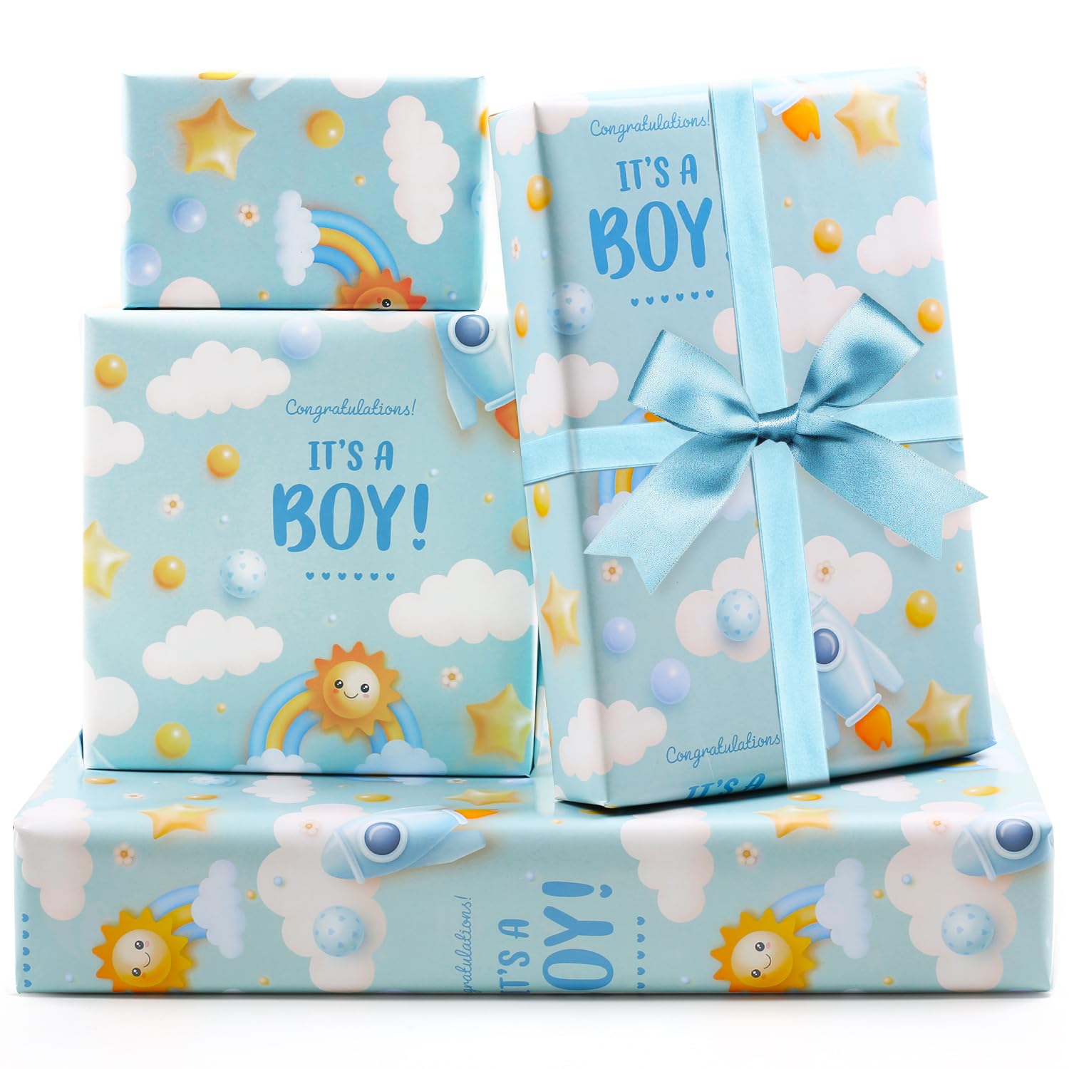 It'S A Boy Gift Wrapping Paper For Newborn Baby Boy Kids,7 Sheets Light Blue Gift Wrap Paper Folded Flat 20X28 Inches Per Sheet With Ribbon For Baby Shower Birthday Celebration Wrap