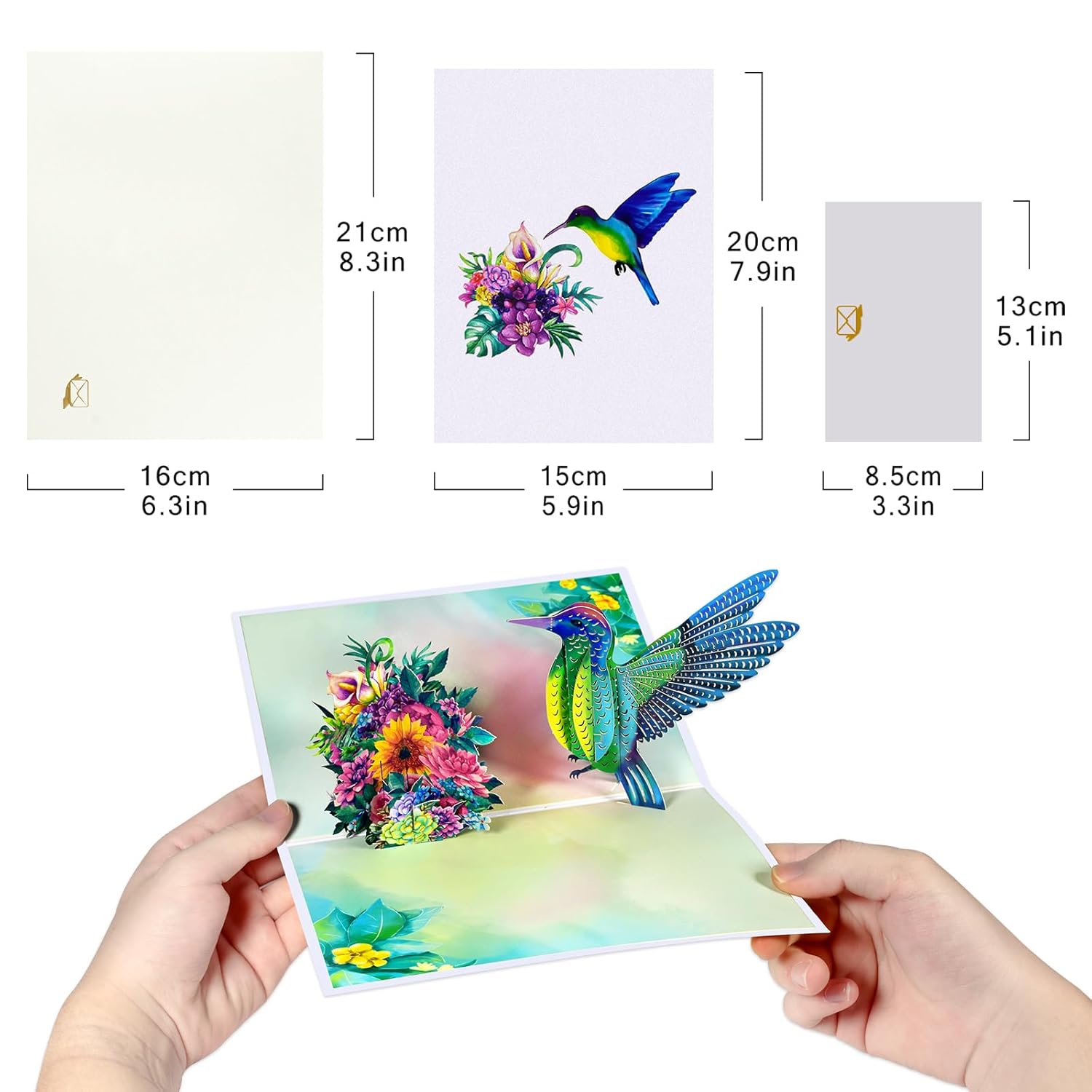 Blue Hummingbird And Flower Pop Up Paper Flower Bouquet Greeting Cards With Blank Note & Envelope, Ideal Gift For Celebrating Love, Birthday, Anniversary, Special Moments, Mother'S Day