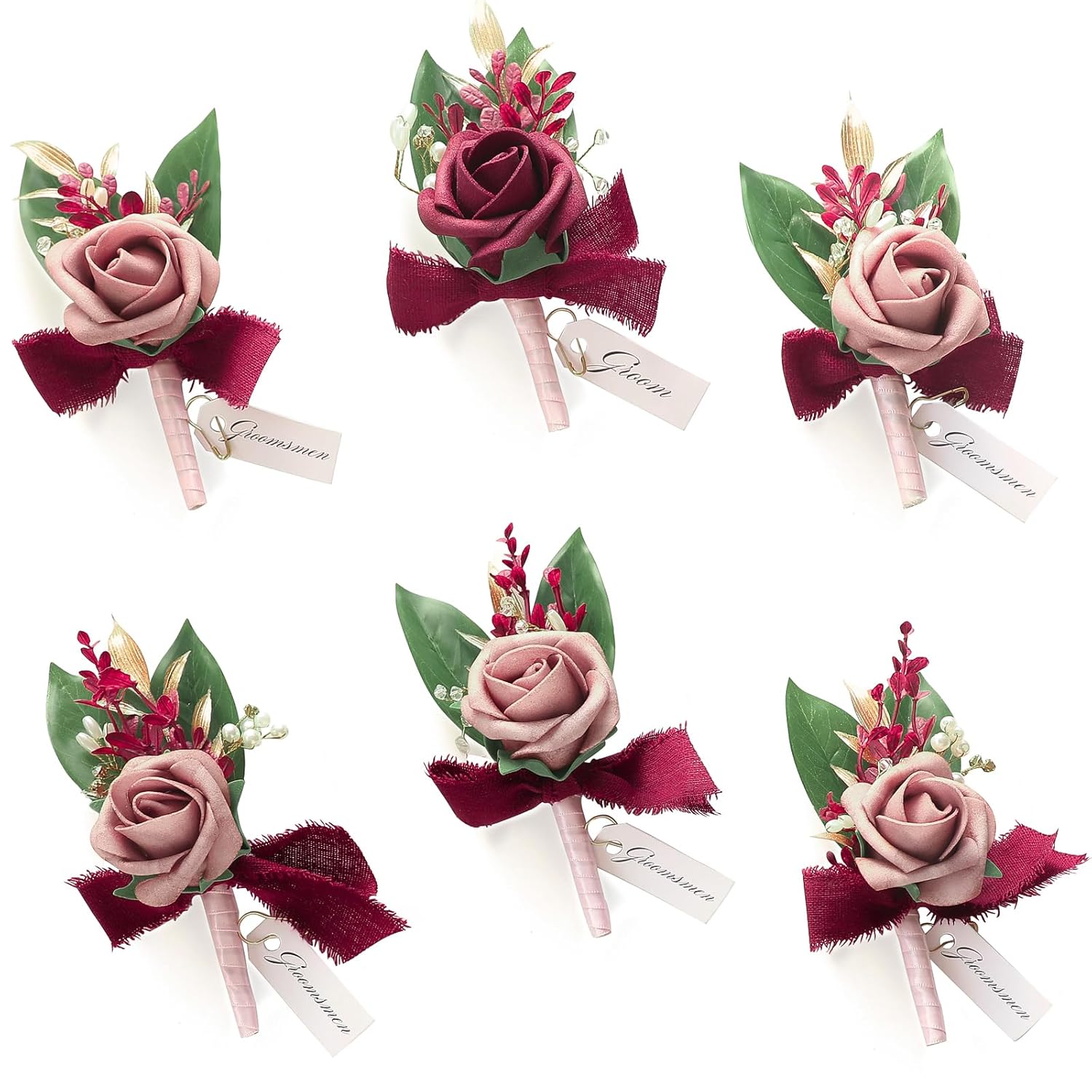Set Of 6 Dusty Rose & Burgundy Foam Rose Boutonnieres With Pins For Men Wedding For Groom Groomsmen Wedding Ceremonies Anniversaries Formal Dinners Parties Proms