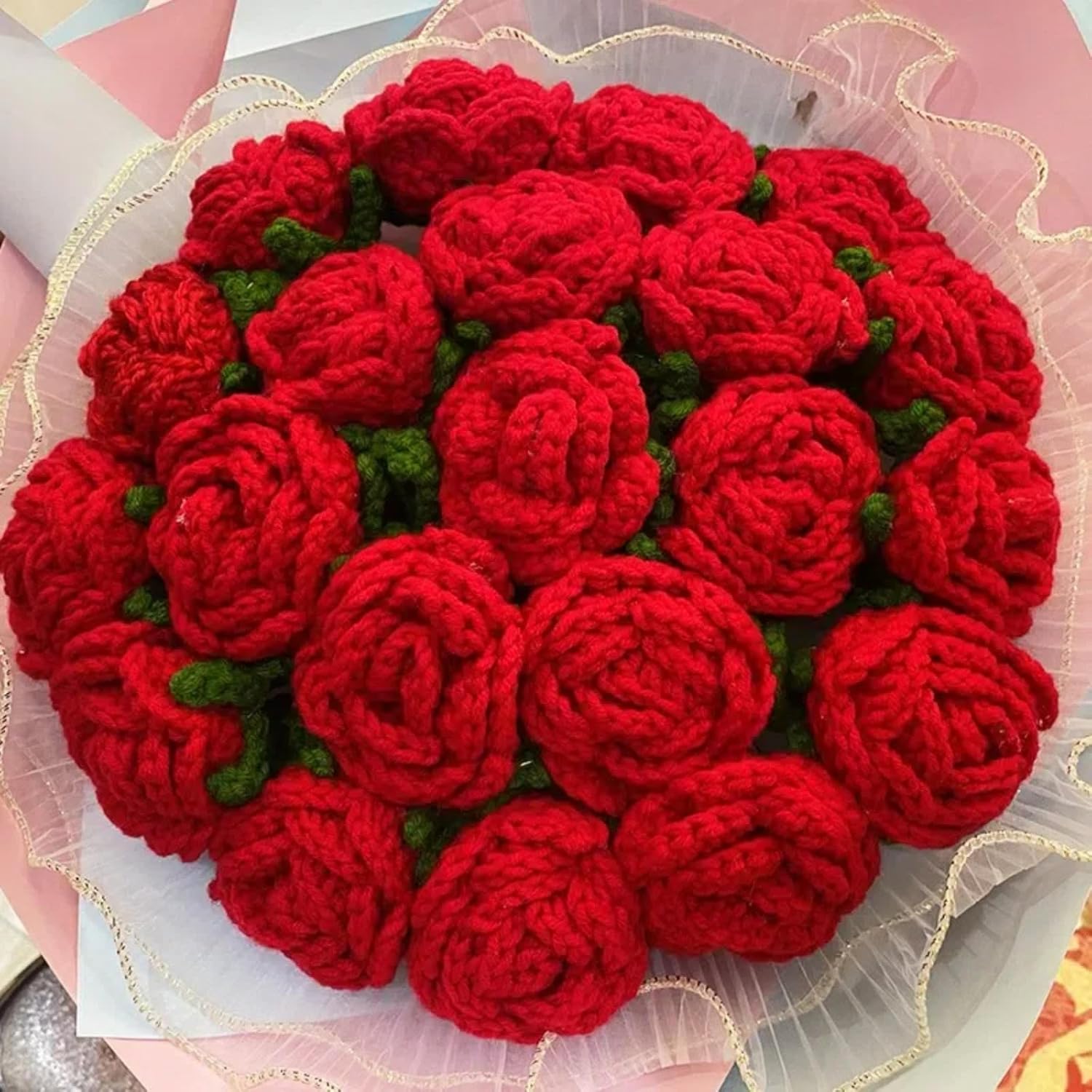 Crochet Flowers,3 Pcs Finished Handmade Red Roses, Knitted Artificial Flowers For Girl Gift Valentine'S Day Anniversary Wedding Mothers Day (Red)