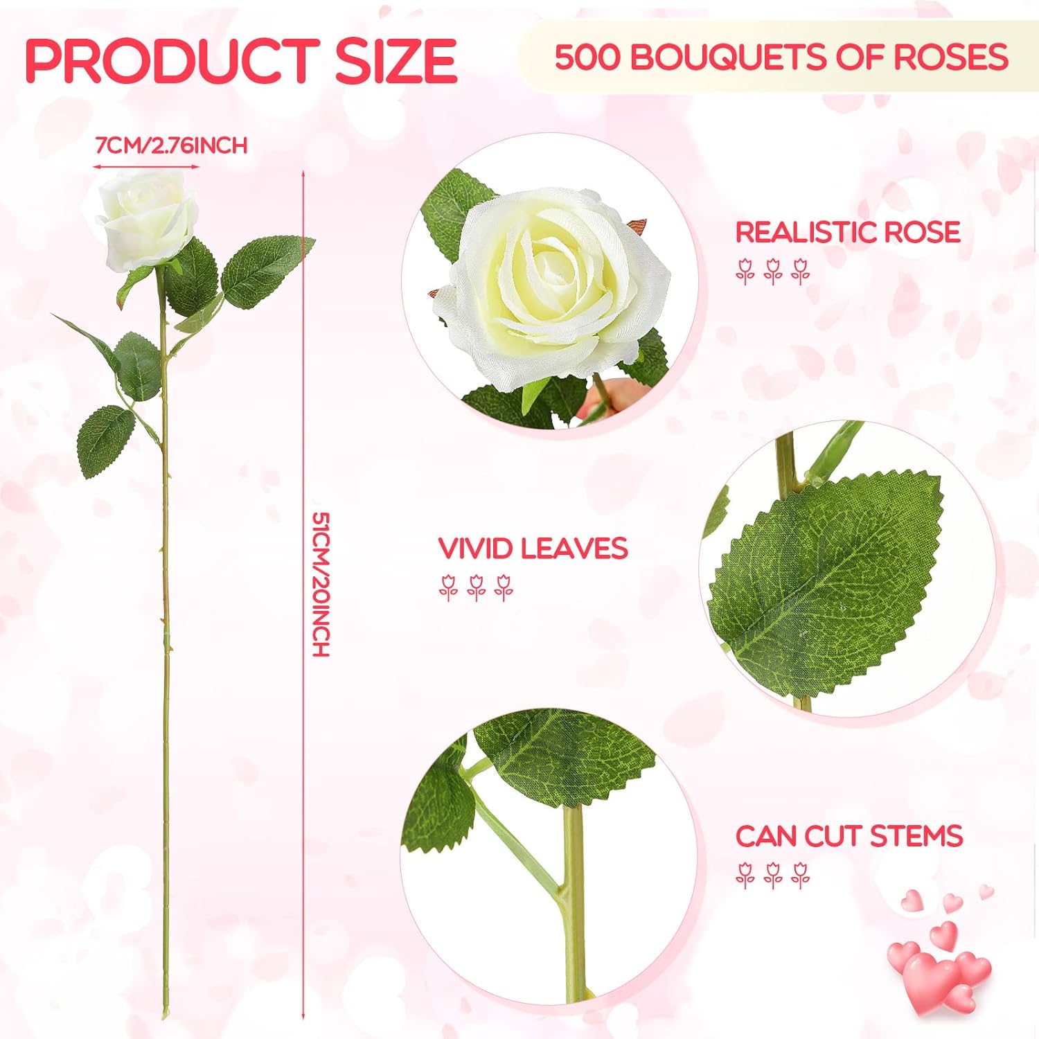 500 Pcs Artificial Silk Roses Flowers With Long Stem Bridal Wedding Bouquet Realistic Floral Bulks For Garden Home Party Gifts Favor Decoration(White)