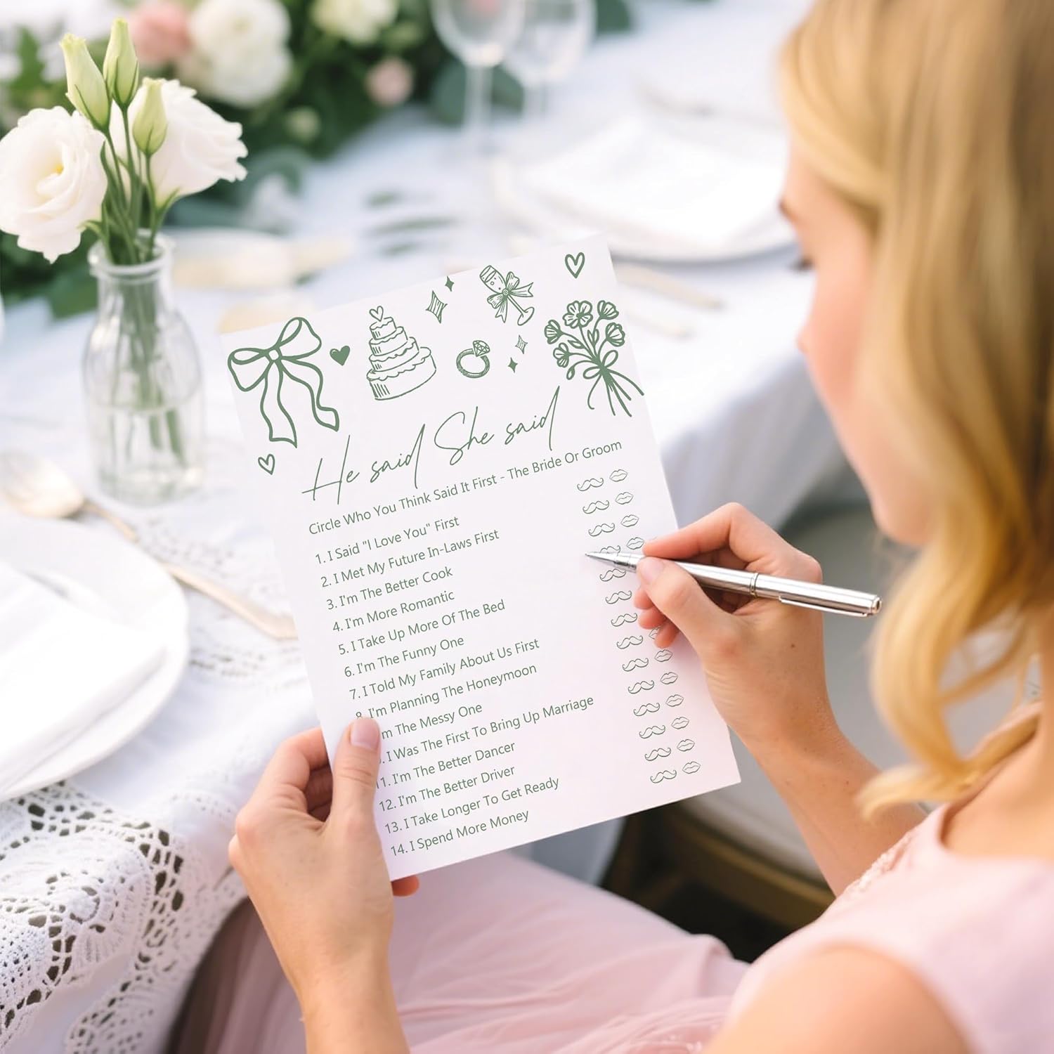 30 Pcs Bridal Shower Games, He Said She Said Wedding Shower Game For Newlyweds, Engagement Bachelorette Party Games For Bride Broom, Minimalism Green Theme-A08