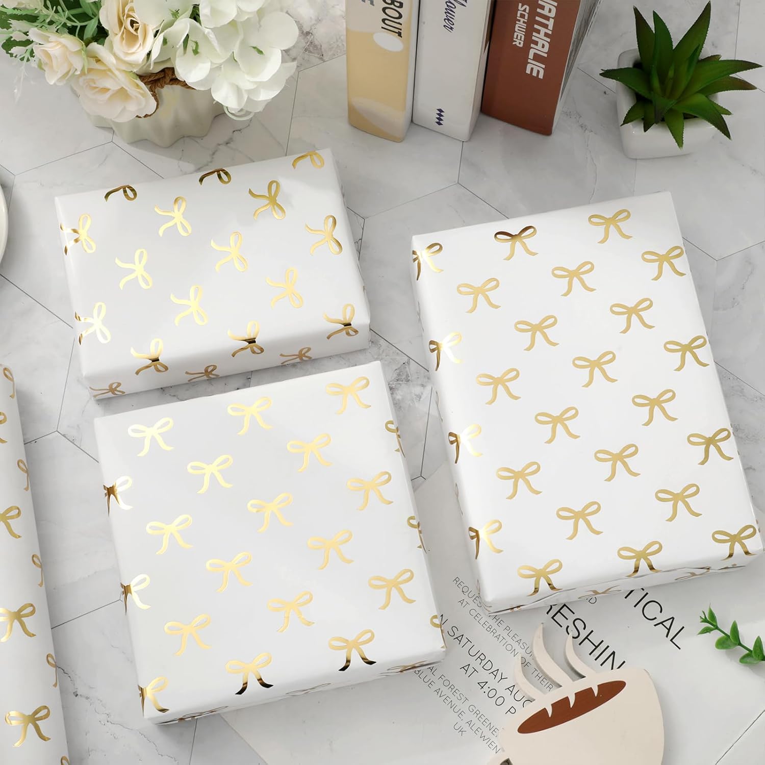 Gold Foil Bow Wrapping Paper -Mini Roll- 17In X 32.8Ft White Gold Bowknot Gift Wrap Paper Cute Craft Paper For Party Packing Supplies