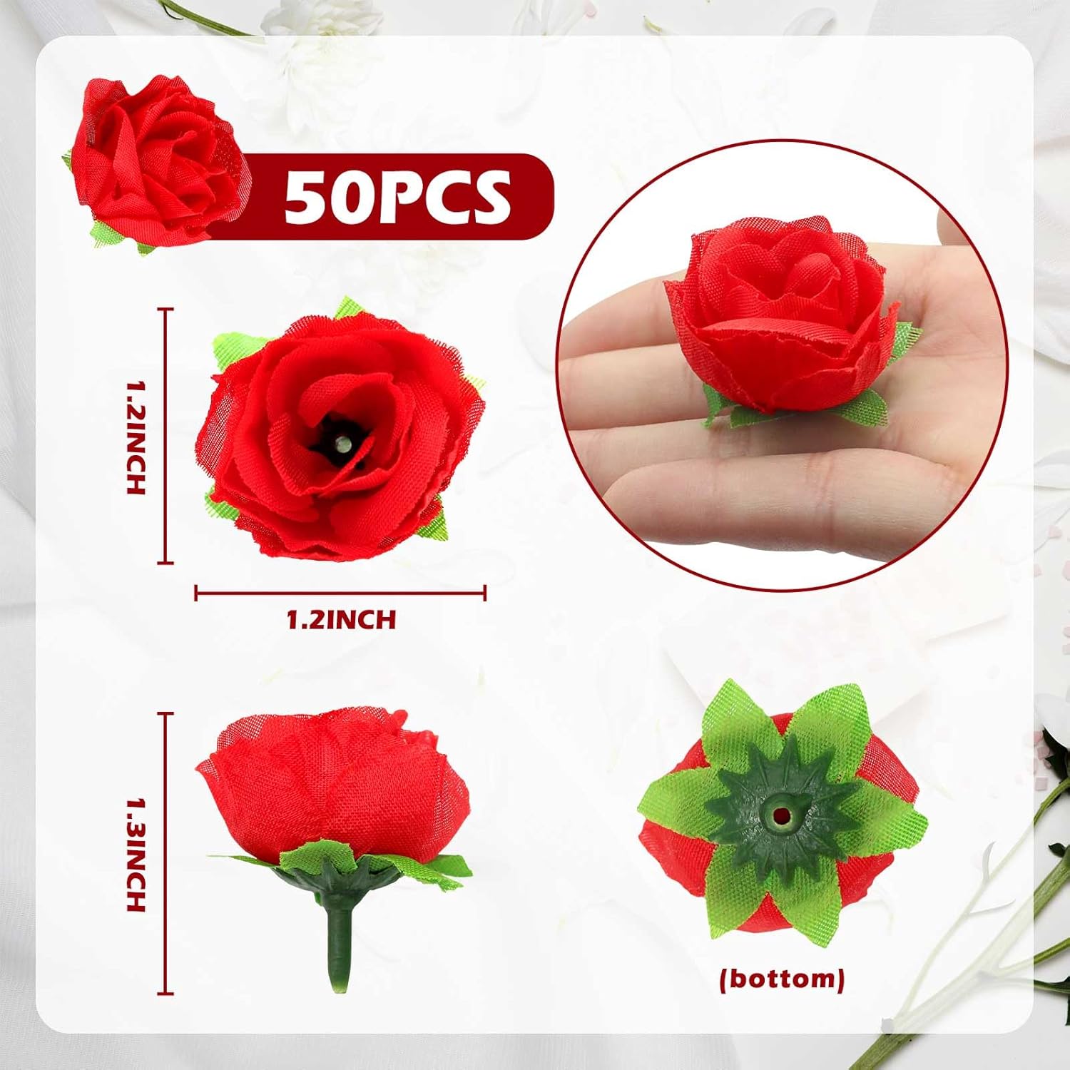 50Pcs Artificial Roses Fake Roses 1.6" Flowers Bulk For Decoration, Red Mini Small Real Looking For Wedding Bouquets Bridal Shower Centerpieces Party Table Decoration